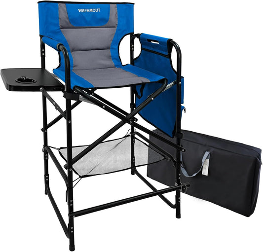 Tall Folding Directors Chair with Side Table 30.71" Seat Height Foldable Camping Chair Bar Stool for Makeup Artist Face Painting with Footrest and Storage Pocket Supports 350LBS