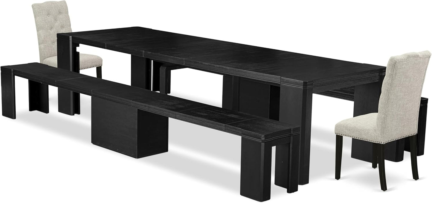 X02EL-206-35 - 5-piece Modern Dining Table Set a Rectangular Kitchen Table and 2 wooden Benches and 2 Doeskin Linen Fabric Dining Chair, 39x120 Inch, Wire Brushed Black