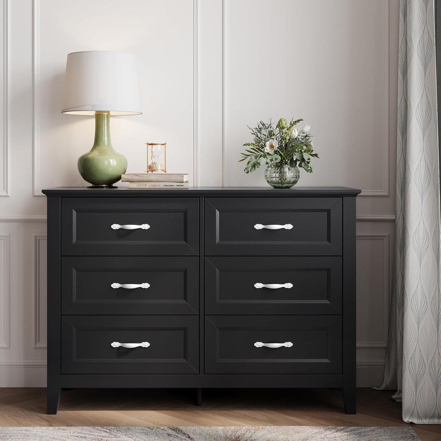 LINSY HOME 6 Drawers Dresser for Bedroom, 47" Wide Wooden Storage Chest with Antique Handles, Modern Farmhouse Dresser TV Stand with Wood Legs for Closet, Living Room, Hallway, Black