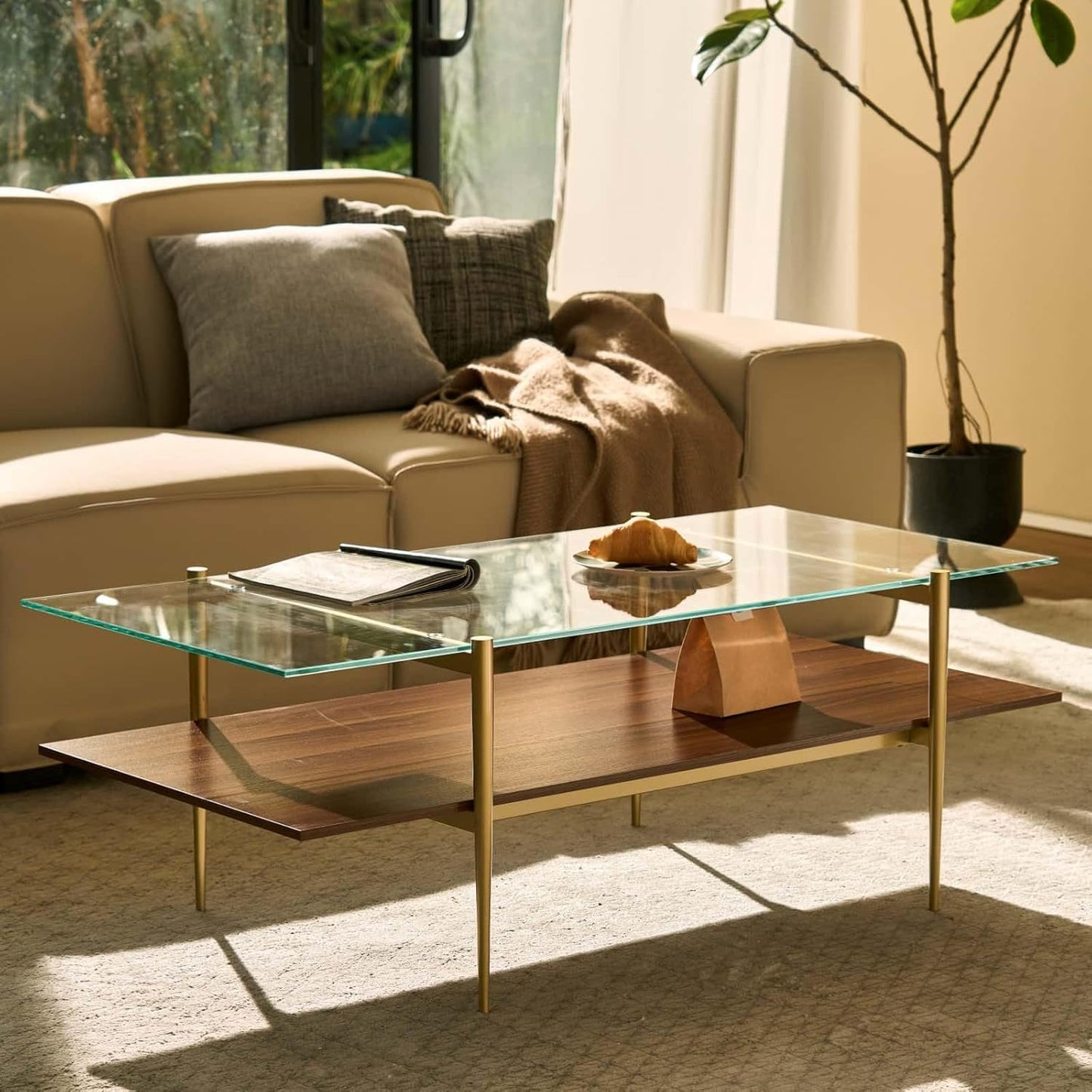 AGV LIGHTING Tadio Large Glass Coffee Table, Mid-Century Modern Coffee Table for Living Room, Gold Finish Leg, Clear Glass Top & Walnut Brown Shelf, 47 in