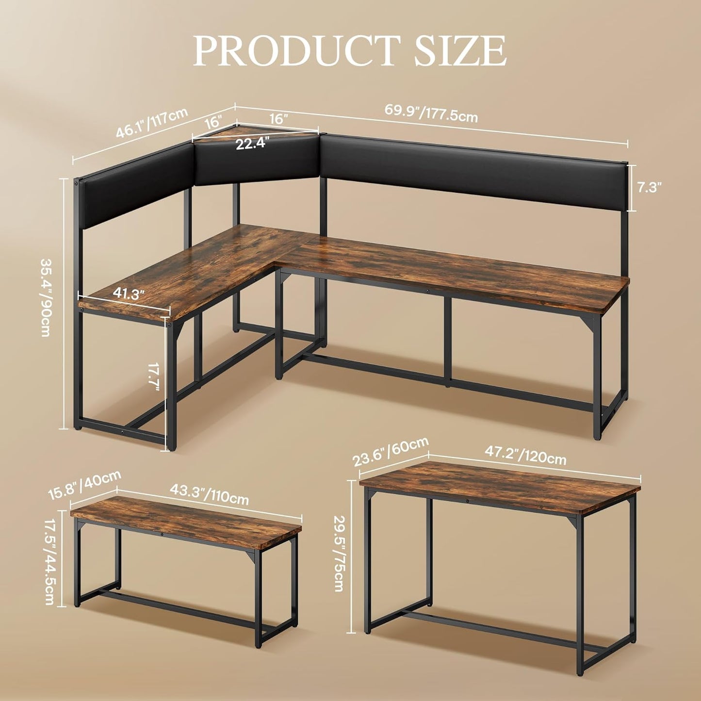 DWVO 3-Piece Dining Table Set for 4-6 People 47.2" Corner Dining Room Table with Left Seat Corner Bench and 43.3" Bench Brown Industrial Kitchen Table for Breakfast Nook Kitchen Living Room Restaurant