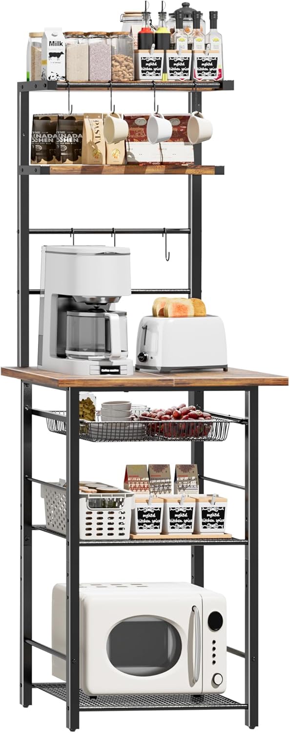 Kitchen Bakers Rack, 6-Tier Microwave Stand with Storage, Multifunctional Coffee Bar with Mesh Basket, Tall Utility Kitchen Storage Shelf, 5 Hooks, Easy Assembly, Rustic Brown
