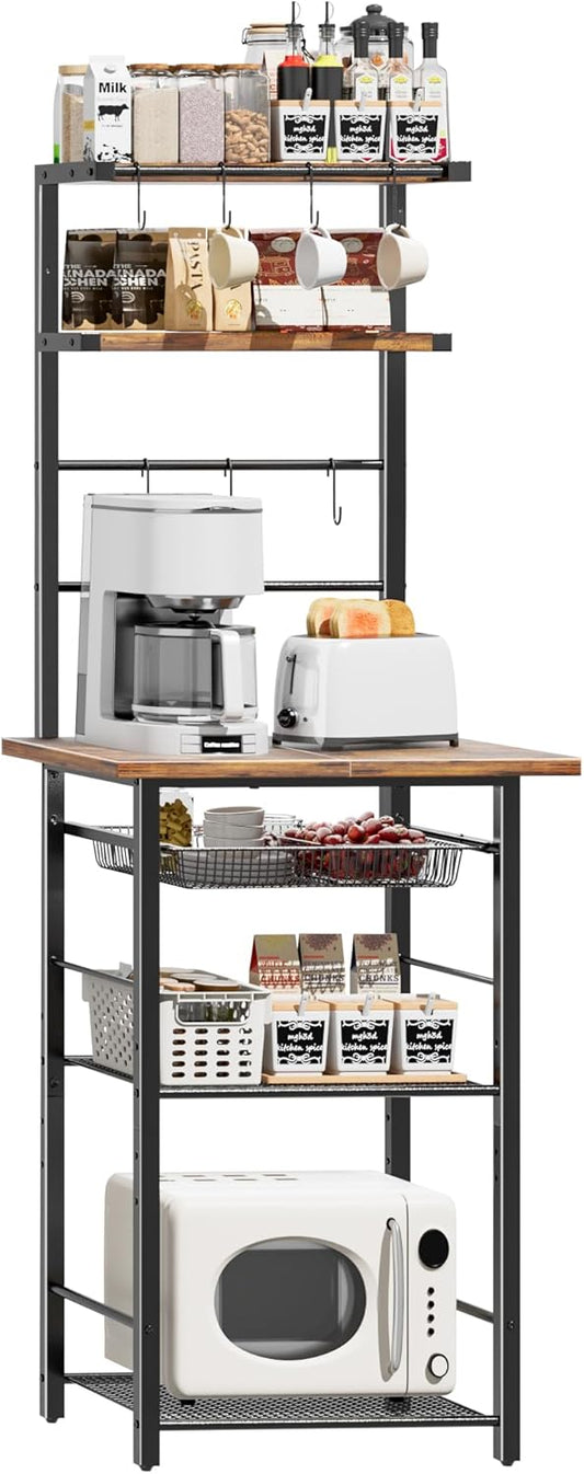 Kitchen Bakers Rack, 6-Tier Microwave Stand with Storage, Multifunctional Coffee Bar with Mesh Basket, Tall Utility Kitchen Storage Shelf, 5 Hooks, Easy Assembly, Rustic Brown