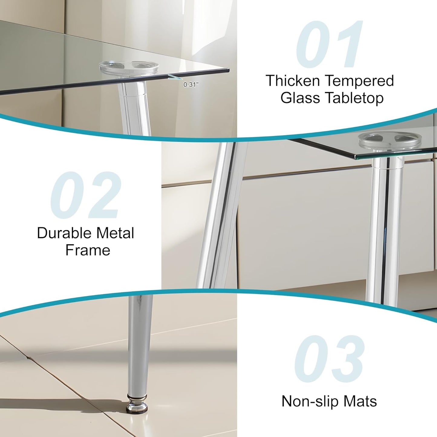 Dining Table for 6 Rectangular 47.2" Modern Glass Dining Table Kitchen & Dining Room Tables with Glass Tabletop and Metal Legs for Dining Room, Clear
