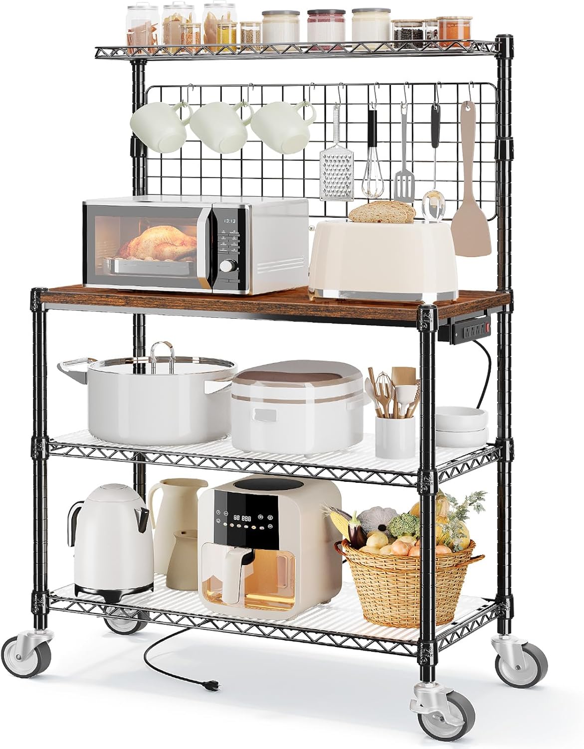 Leteuke Bakers Rack with Power Outlet & Storage, 36 Inch Microwave Stand Kitchen Cart, 4-Tier Metal Kitchen Shelves Cart with Wheels & 20 S-Hooks for Kitchen, NSF Certified, 63 x 18 x 36 Inch-Black