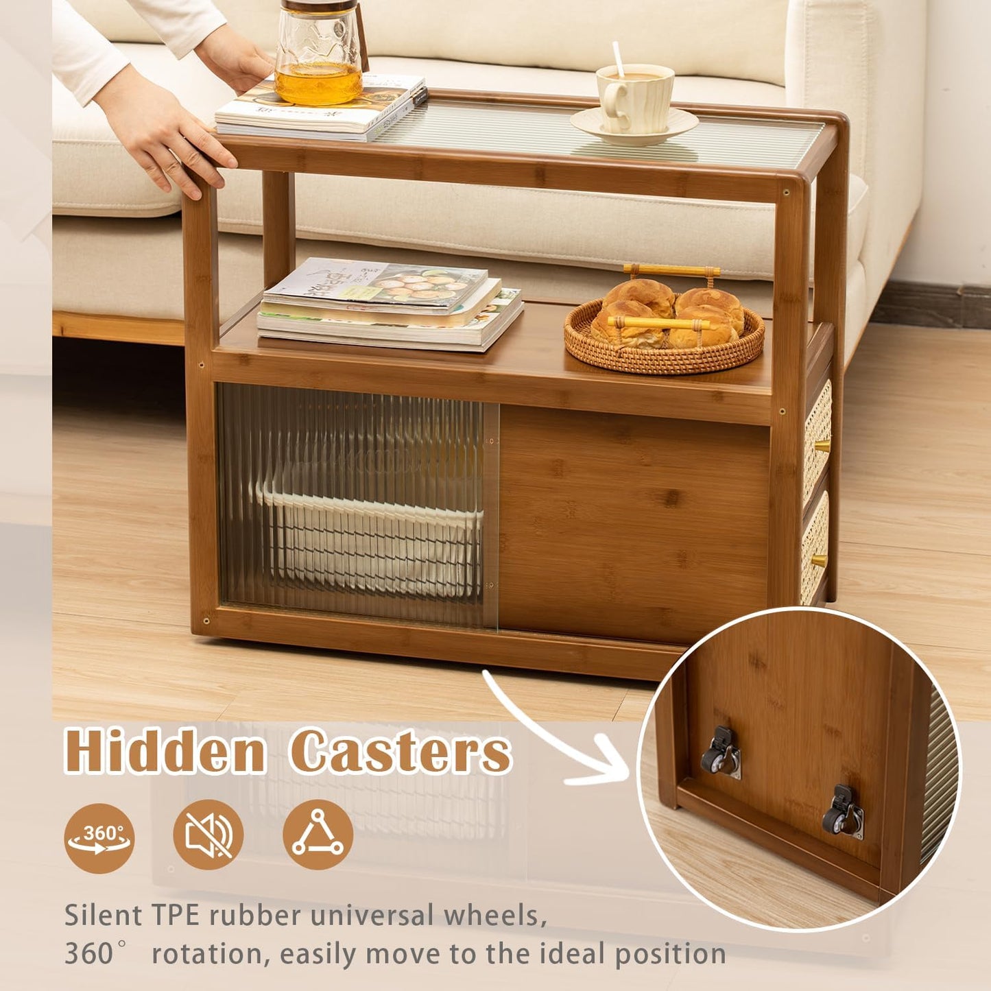 Bamboo Side Table Nightstand with Rattan Drawer & Glass Top – Multi-Function End Table, Nightstands with Storage for Bedroom, Living Room, and Small Spaces, Walnut