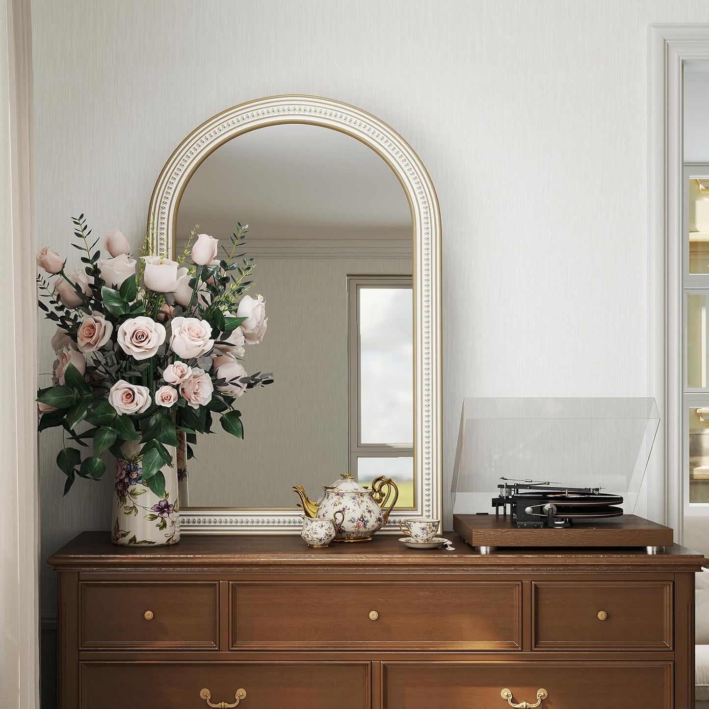 36x24 Inches Farmhouse Wooden Arched Wall Mirrors, Boho Decorative Arch Mirrors for Bathroom Over Sink, Living Room, Hallway, Foyer, Entryway