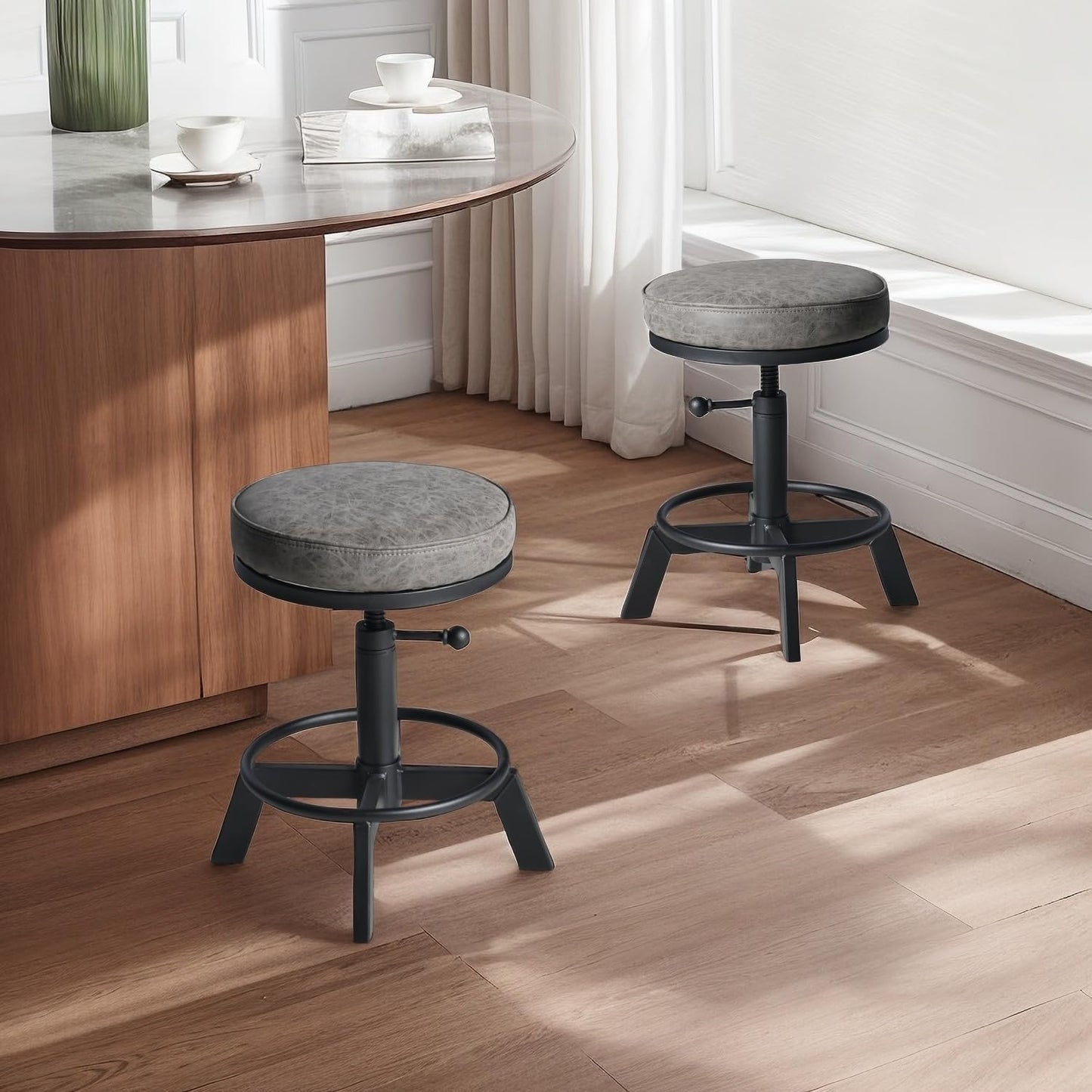 Industrial Bar Stools-Standard Height Chairs-Swivel Pu Seat-Kitchen Island Stool-Height Adjustable 15-21inch(Set of 2)