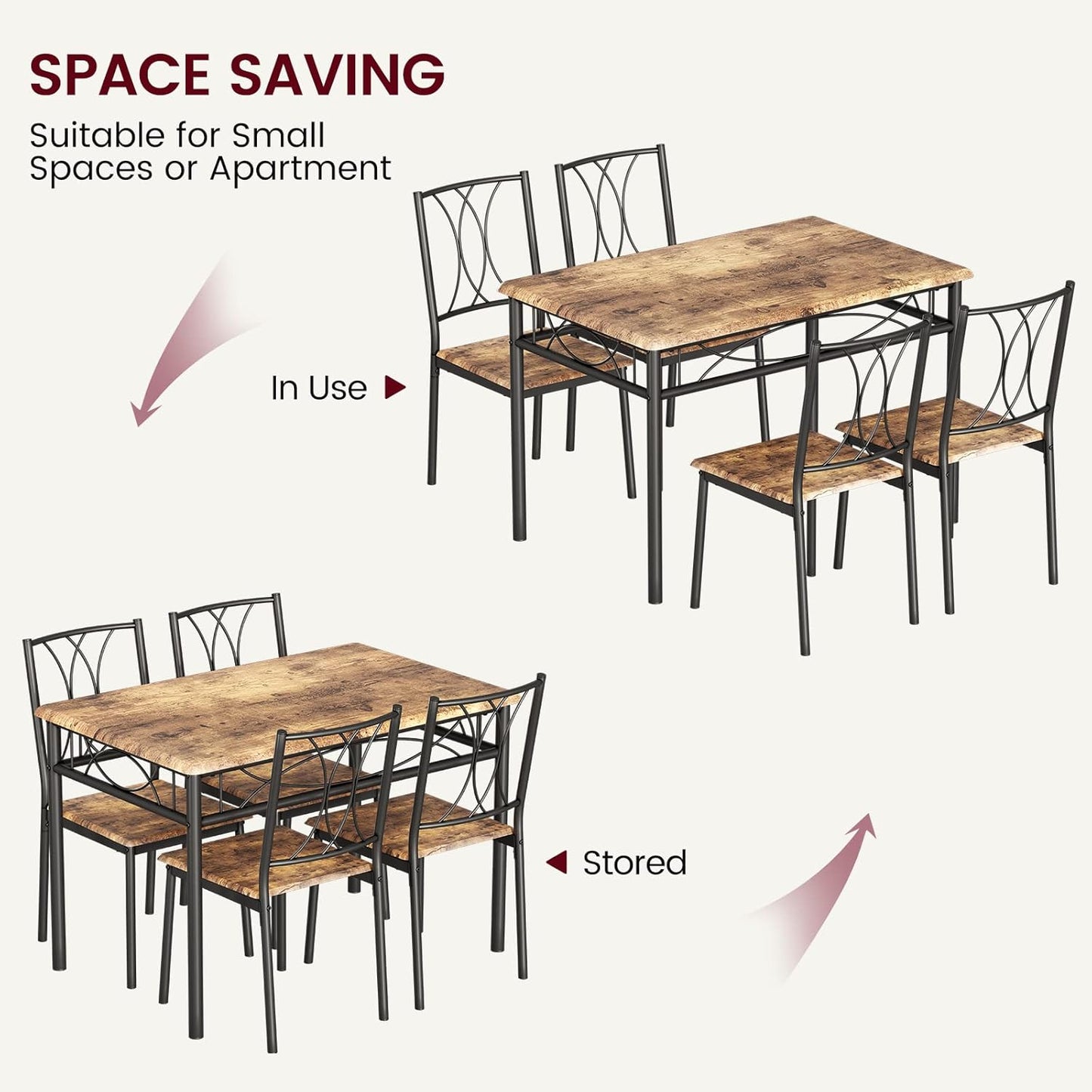 Dining Table Set for 4, Compact Kitchen Table and 4 Chairs, 5-Piece Kitchen Table Set, Space-Saving Design for Small Space, Dining Room, Apartment, Retro Brown
