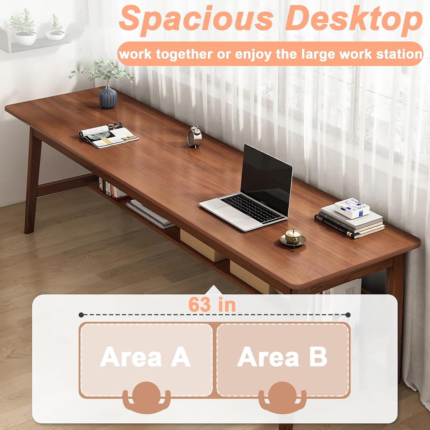 Solid Wood Desk, 63' Mid-Century Modern, Writing Desk, Home Office Workstation