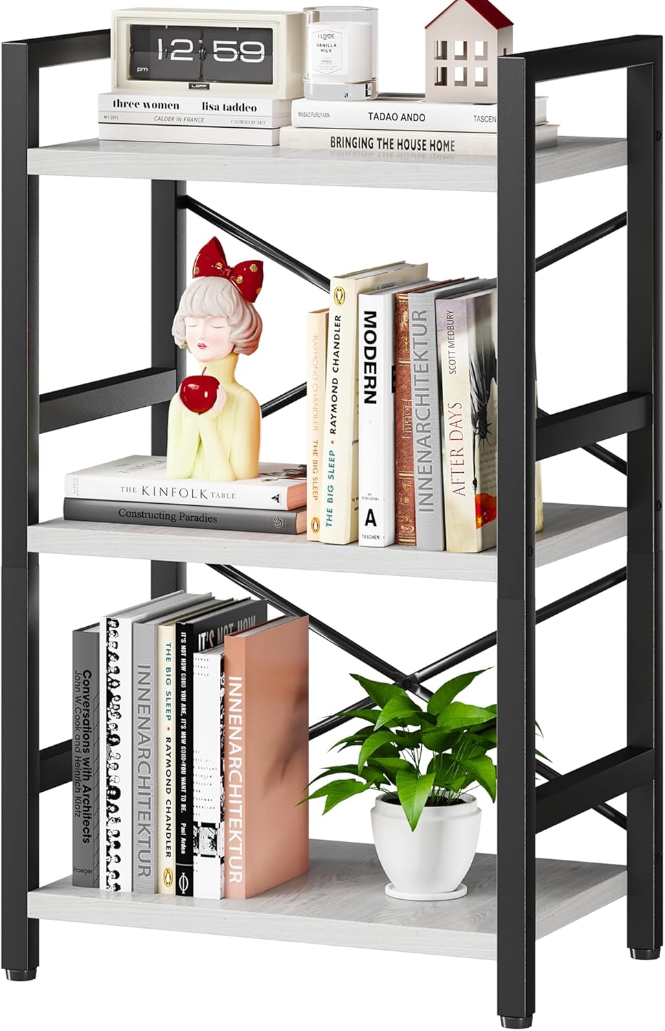 Homeiju Bookshelf, 3 Tier Industrial Bookcase, Metal Small Bookcase, Rustic Etagere Book Shelf Storage Organizer for Living Room, Bedroom, and Home Office(White) Patent Pending D29873033