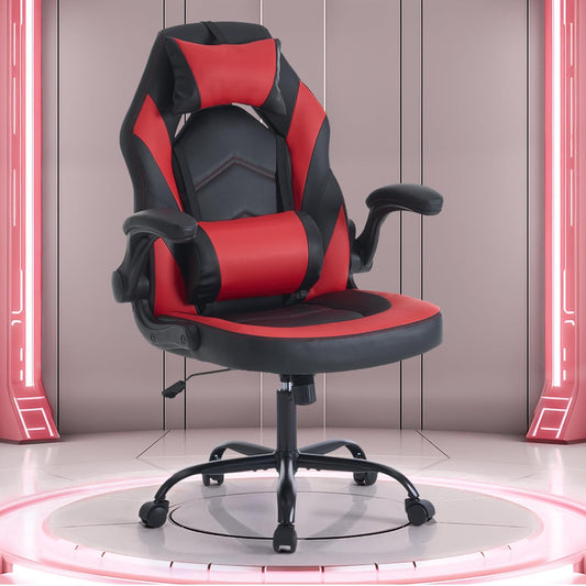 OLIXIS Computer Gaming Desk Chair - Ergonomic Video Game with Comfy Lumbar Support and headrest, PU Leather with Flip-up Arms, Adjustable Height and Swivel Wheels, for Adults, Red