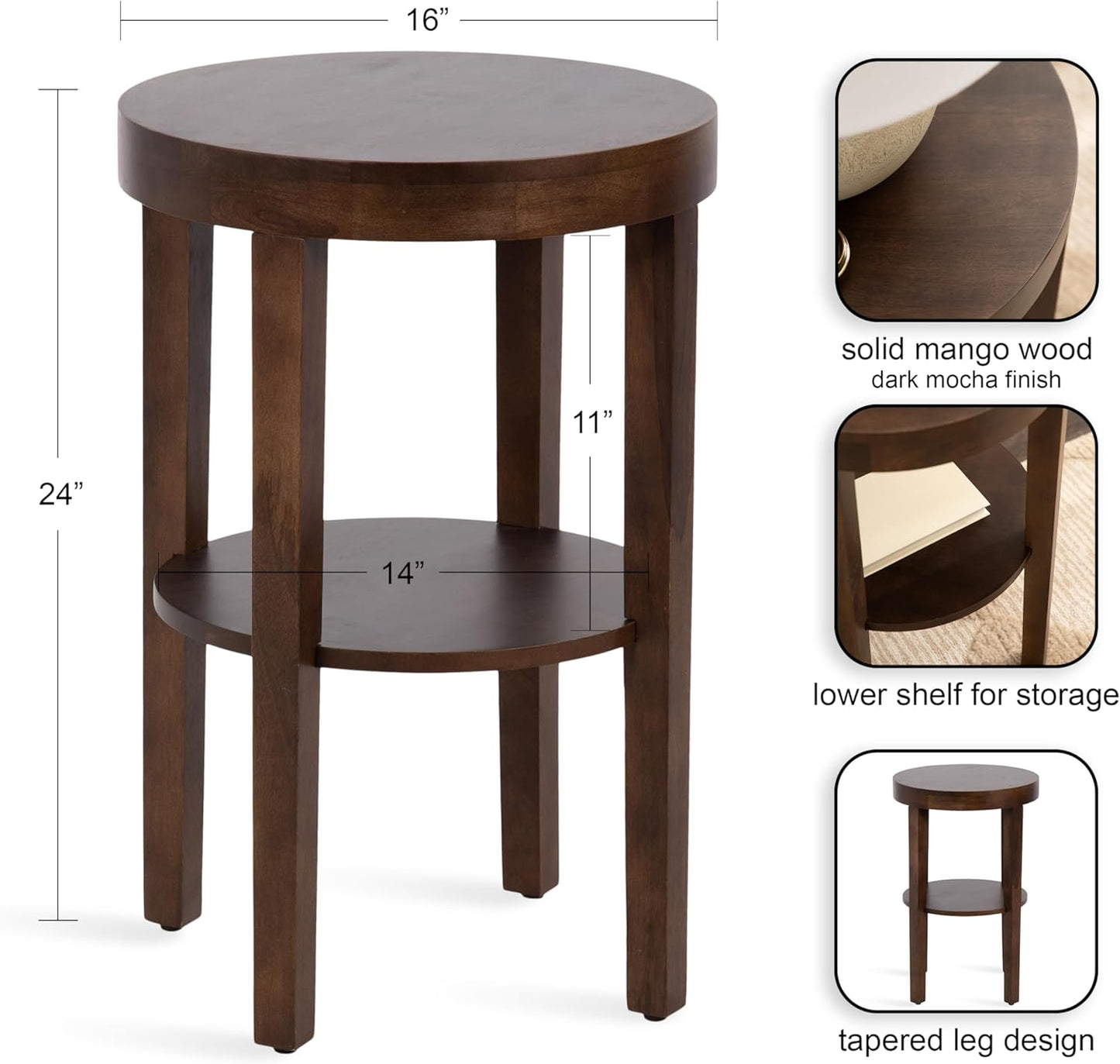 Kate and Laurel Talcott Modern Round Wood Side Table, 16 x 16 x 24, Dark Brown, Transitional Decorative Two-Tier End Table for Use as a Bedroom Nightstand or Living Room Plant Stand