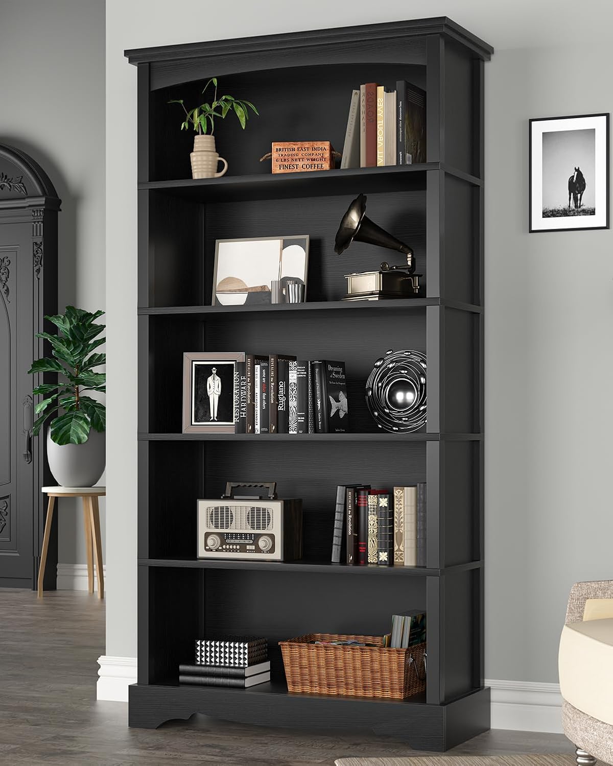 TVU 5 Tier Bookcase and Bookshelf, Wood 65 Inch Tall Bookshelf with Storage, Floor Standing Display Book Shelf for Living Room, Office, Study Room, Entryway, Black