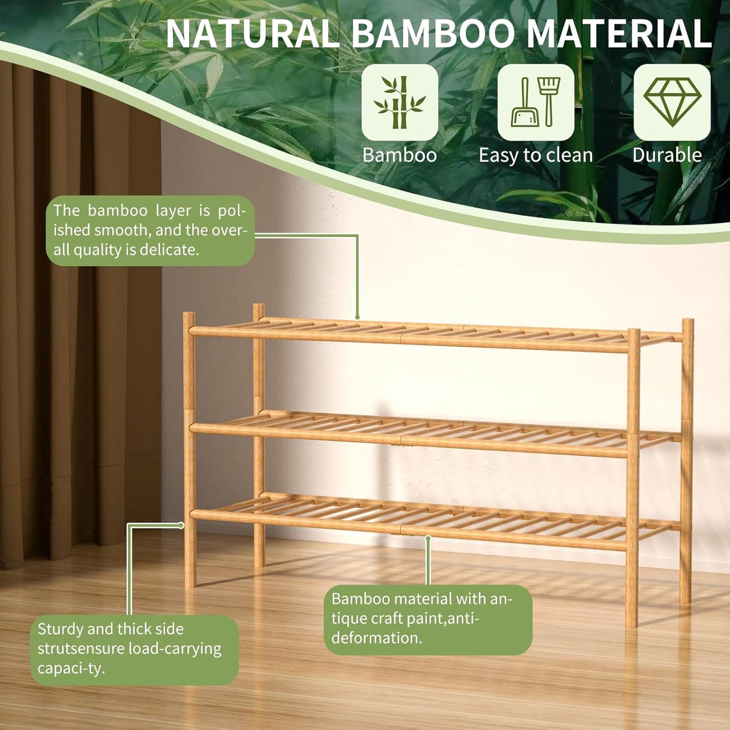 3-Tier Bamboo Long Shoe Rack, Free Standing Wood Shoe Shelf Storage Organizer for Closet Entryway Stackable 35"x11"x20" (Natural)