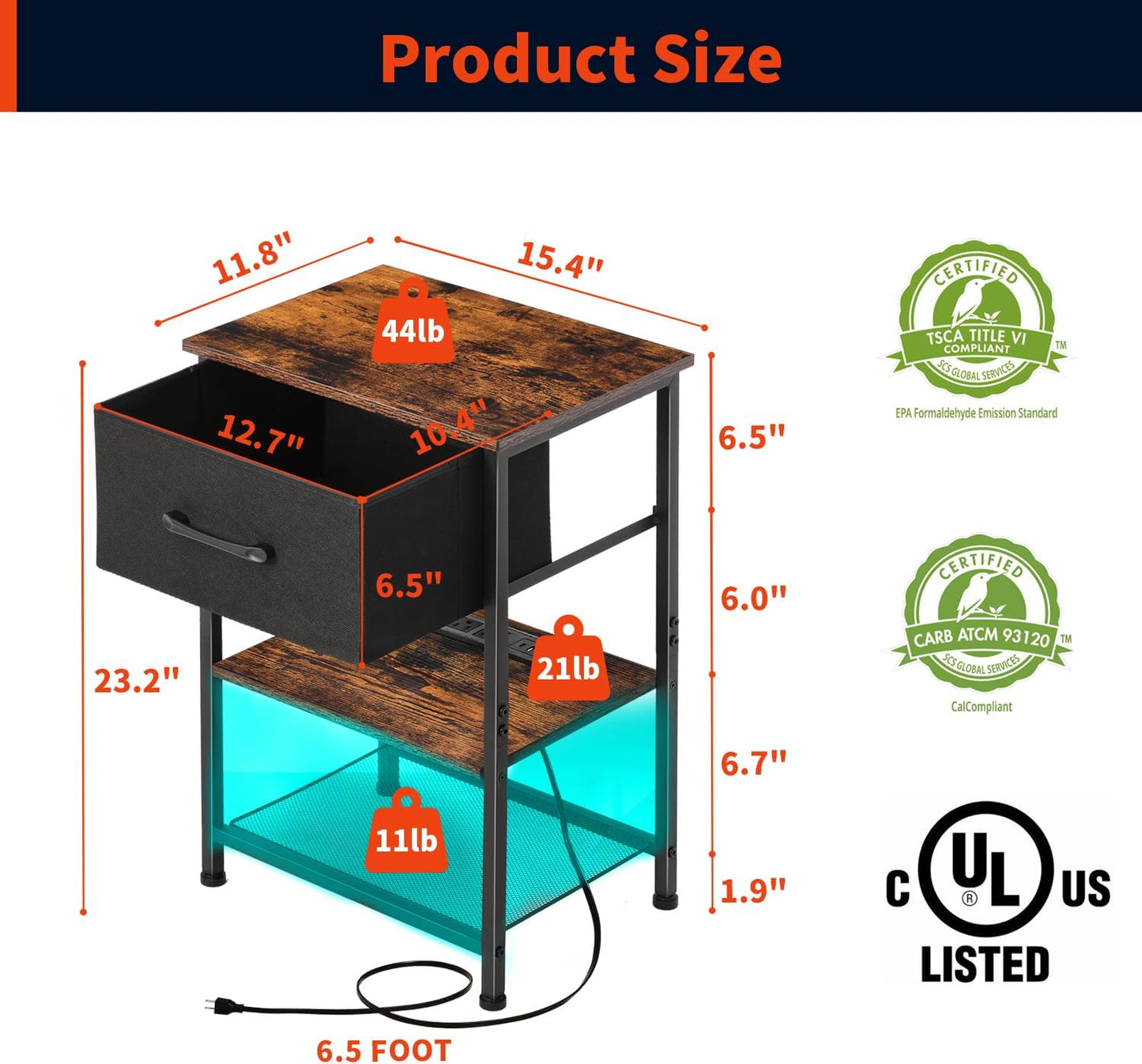 Nightstands Set of 2 with Charging Station and Drawer, End Table Side Table with 20 Colors LED Light Strip and 2 Layers Shelf for Bedroom Living Room Sofa (Rustic Brown)