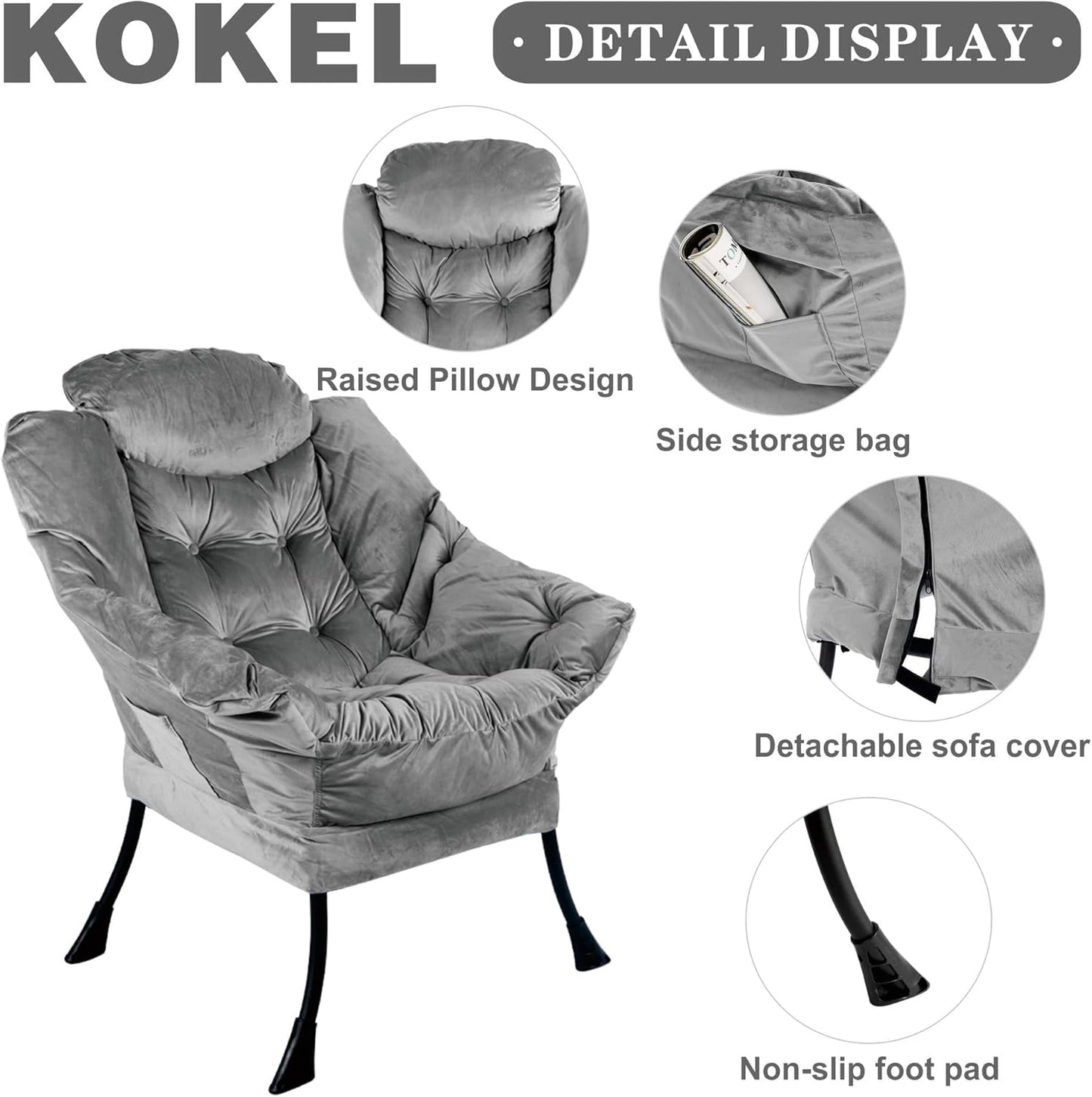 Lazy Chair with Folding Ottoman,Living Room Chairs, Accent Contemporary Lounge Chair, Single Steel Frame Leisure Sofa Chair with Armrests and A Side Pocket (DL22GRAY)