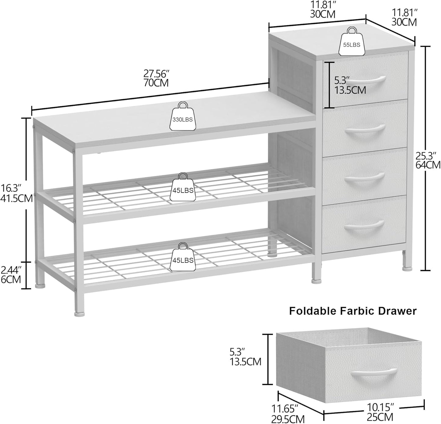 EXOTICA 3-Tier Shoe Storage Bench White Entryway Shoe Rack with 4 Drawers and Seating Shoe Shelf Storage Cabinet for Hallway Front Door Doorway Living Room Mudroom Steel Frame