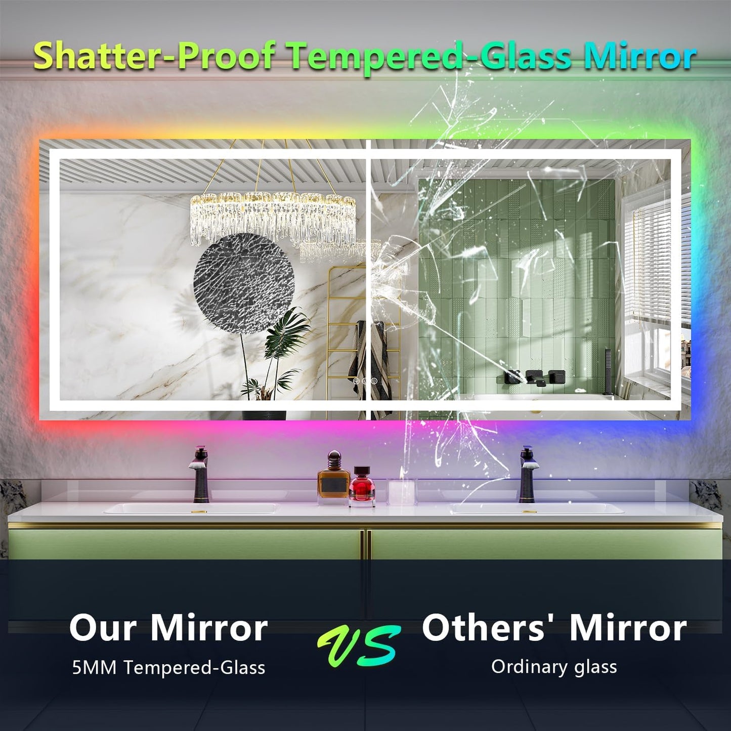 88x38 Inch RGB LED Bathroom Mirror Front Lit and RGB Backlit Lighted Vanity Mirror for Bathroom Wall Dimmable Anti Fog Memory Shatter-Proof IP54 Waterproof Horizontal/Vertical