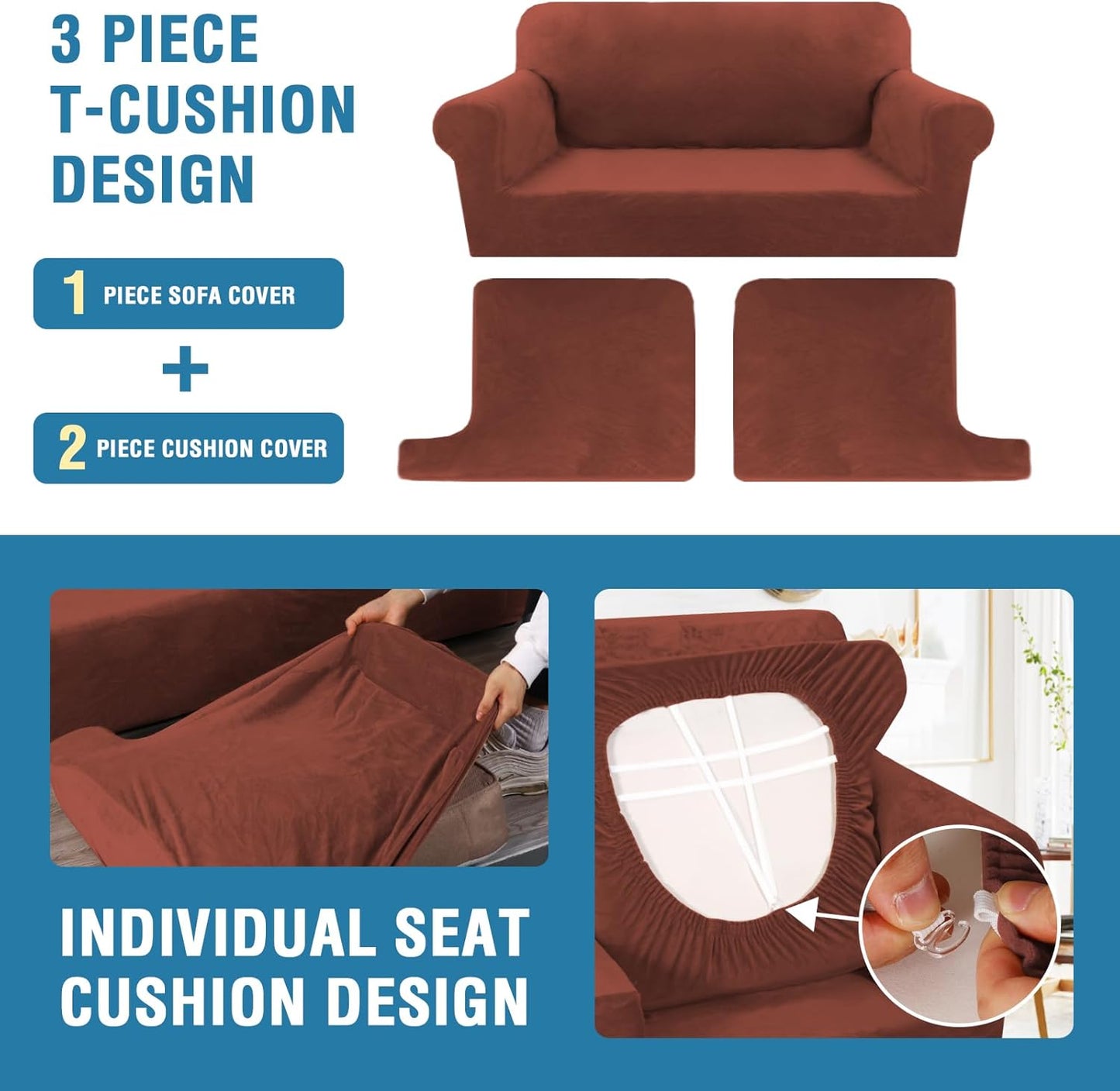 H.VERSAILTEX Sofa Cover 3 Piece T Cushion Sofa Slipcovers Thick Velvet Couch Cover Stretch T Cushion Sofa Covers for 2 Cushion Couch with 2 Individual T Cushion Covers Washable, Rust
