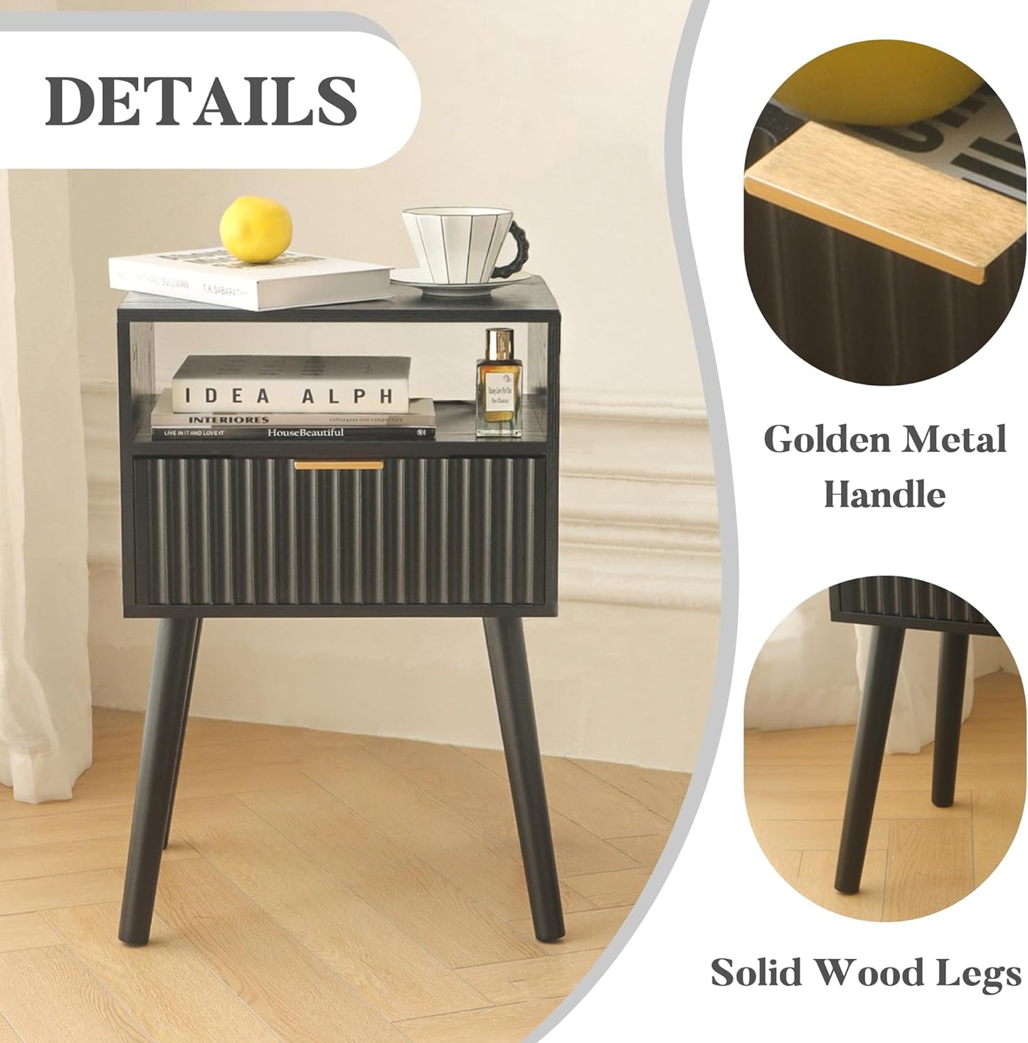 Black Nightstand, Modern Bedside Table with Fluted Drawers, Small Night Stand with Storage and Solid Wood Legs for Bedroom, Dorm and Small Space (Black)