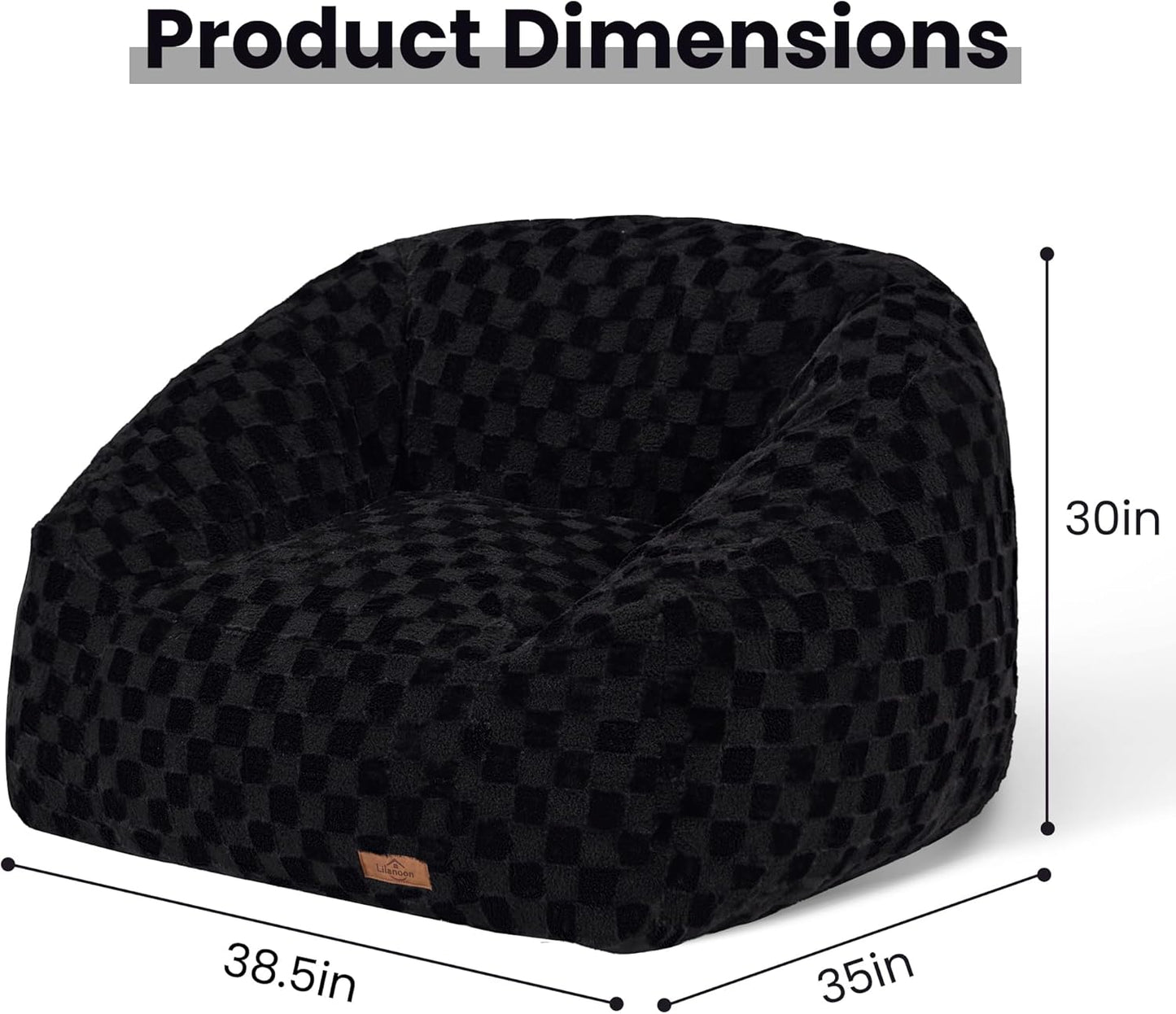 Bean Bag Chairs for Adults, Giant Beanbag Sofa Comfy Reading Chair, Oversized Bean Bag Chairs for Living Room Bedroom, Soft Faux Fur Fabric, 3.2FT, Black, Checkered