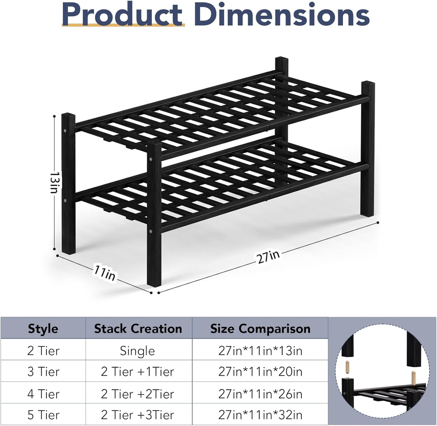 Haddockway 2 Tier Bamboo Shoe Rack Storage Organizer, Multifunctional Free Standing Stackable Shoe Shelf with Grid Panel for Closet,Hallway,Entryway,Small Space 27"x11"x13" (Black, 2 Tier)