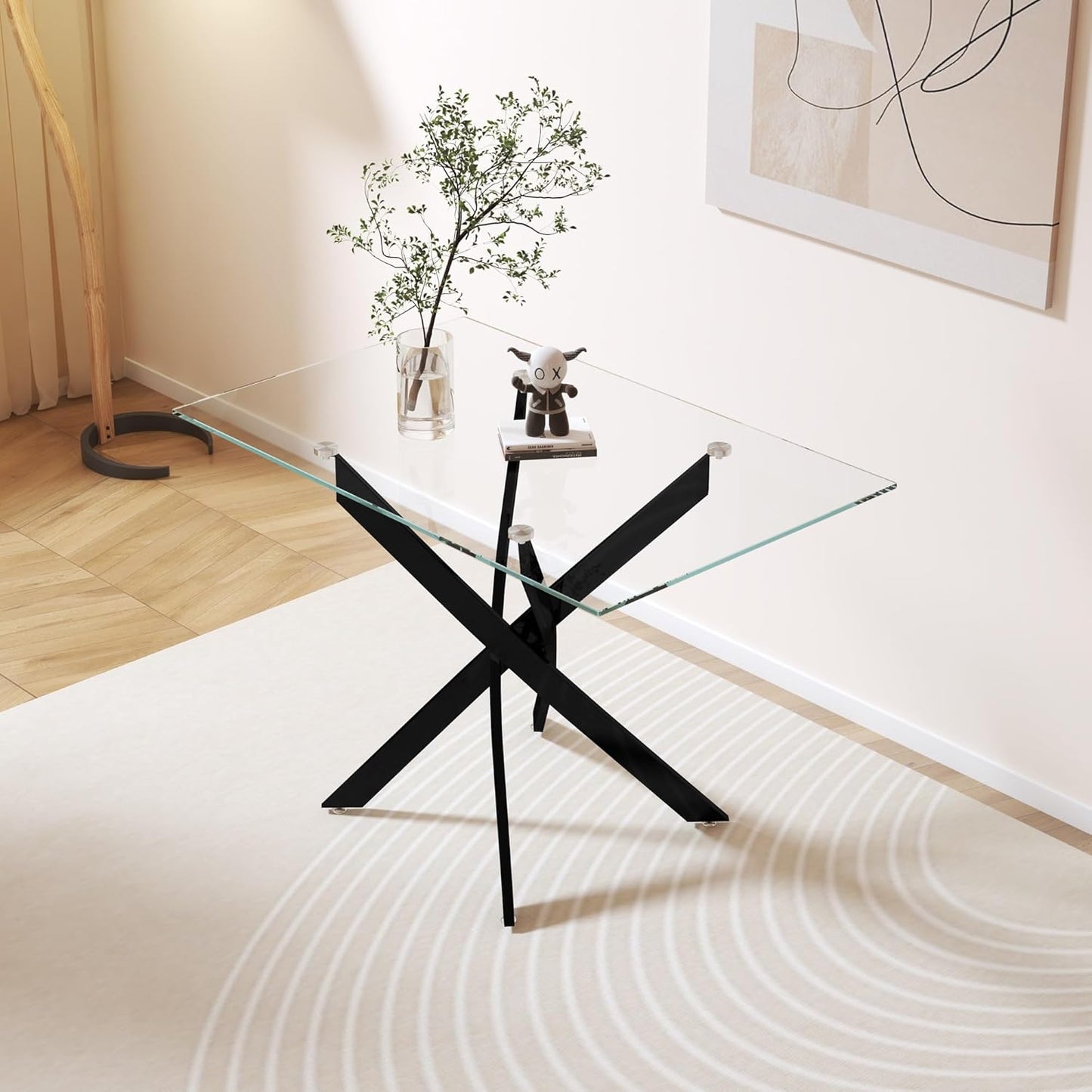 Tempered Glass Dining Table 48 Inch Mordern Rectangular Kitchen Table with Black Metal Legs for Dining Room Kitchen