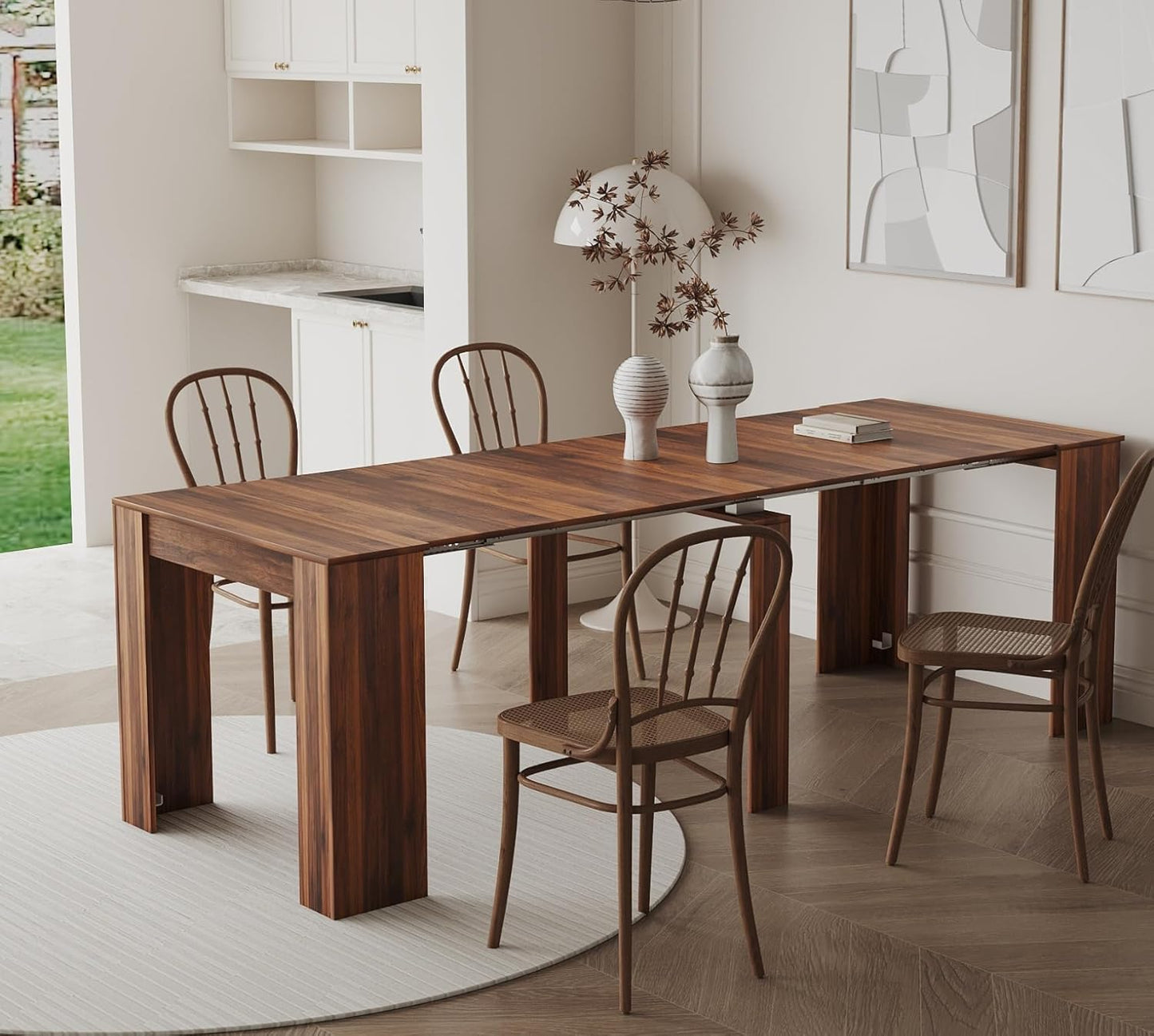 KEIKI 20”-118.5”L Extendable Foldable Dining Room Table for 1-10 People, Wood Modern Rustic Rectangle Expandable Kitchen Living Meeting Room Furniture, 6 Tabletop Length Options, Walnut