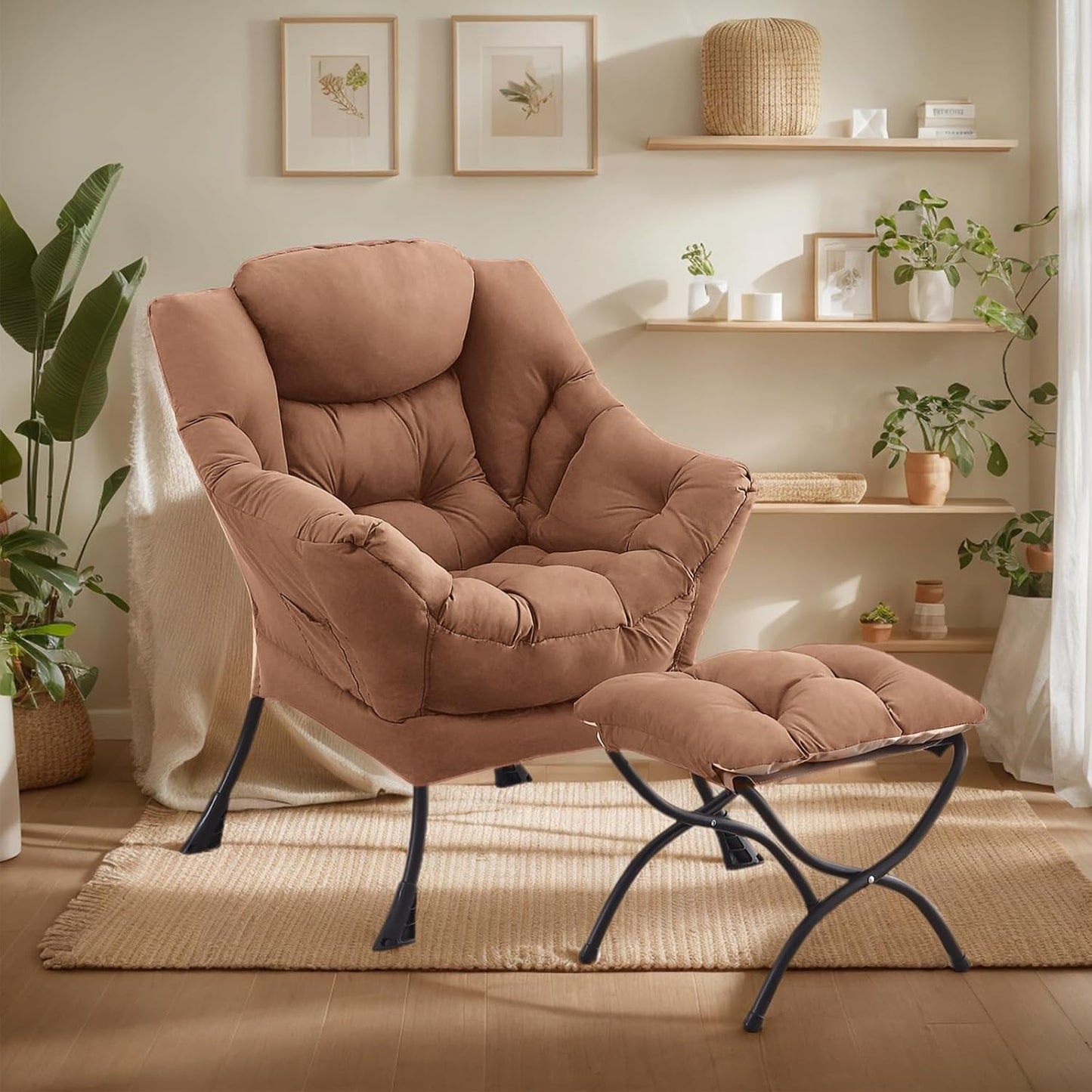 Large Lazy Chair with Ottoman, Accent Reading Chair with a Footrest, Cozy Lounge Armchair, Leisure Sofa Armchair for Living Room, Bedroom, Dorm Room, Office