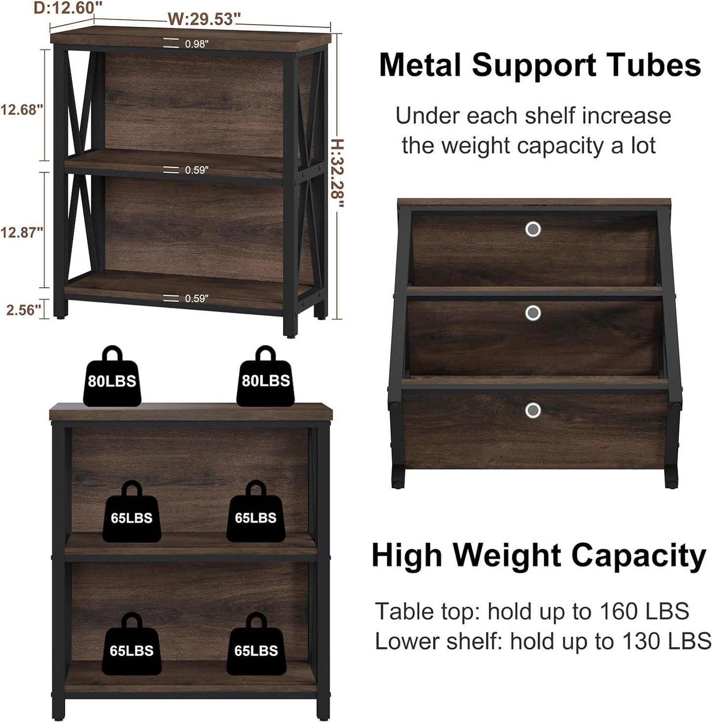 FATORRI Small Bookshelf, Rustic Book Shelf for Small Space, Low Short Bookcase, Industrial Wood and Metal Bookshelf and Bookcase for Living Room (Rustic Brown)