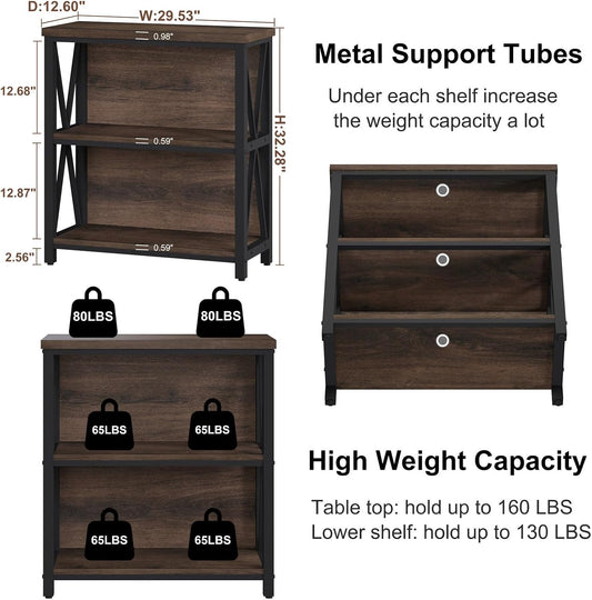 FATORRI Small Bookshelf, Rustic Book Shelf for Small Space, Low Short Bookcase, Industrial Wood and Metal Bookshelf and Bookcase for Living Room (Rustic Brown)