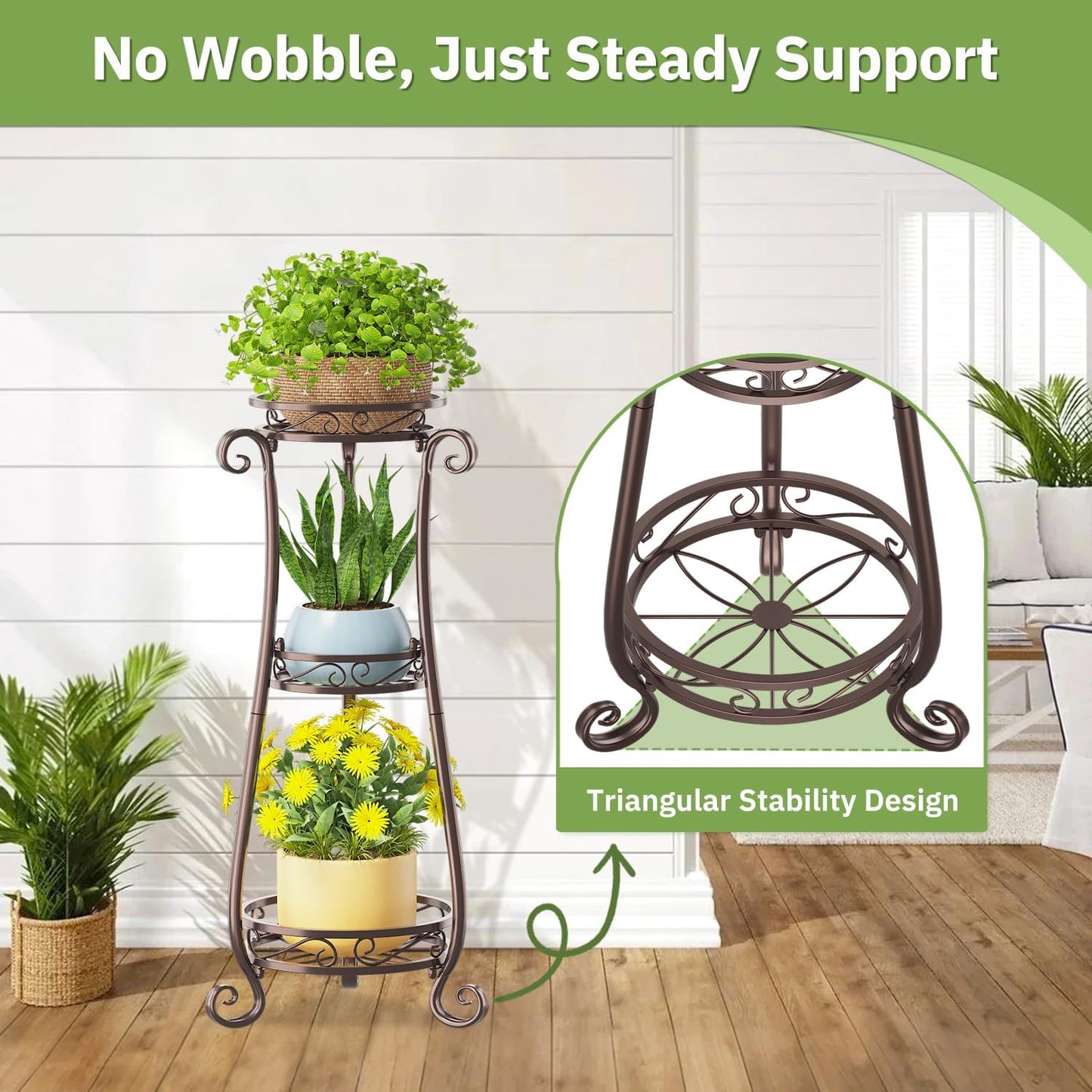 KMOTASUO 3 Tier Metal Plant Stand for Multiple Large Planters Indoor Outdoor Organizer, Heavy Duty Tall Flower Rack for Corner Patio Bathroom Office Corner, Modern Sturdy Vertical Iron Rack, Bronze