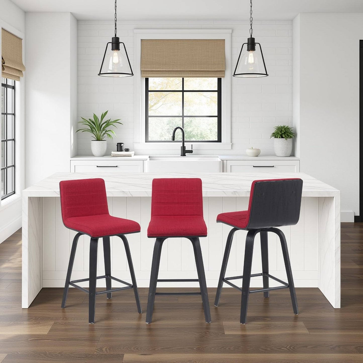Armen Living Vienna Modern Swivel 26" Counter Height Barstool with Red Fabric Upholstered Seat and Black Wood Finish