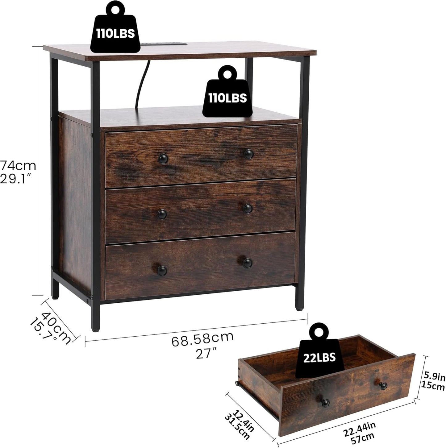 3 Wooden Drawers Night Stand, 27 Inch Wide Nightstand with Charging Station and Adjustable Drawers, Bedside Table for Living Room/Bedroom/Office, Retro Brown.