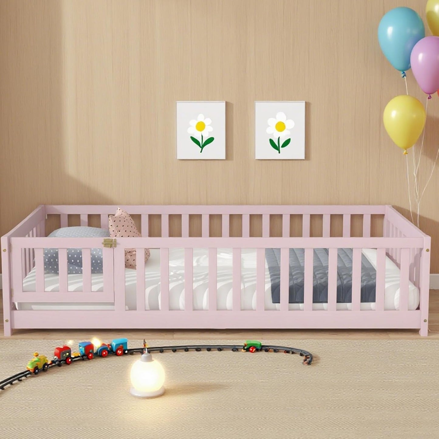 Twin Floor Bed Frame with Slats and Safety Guardrail, Wood Twin Size Montessori Floor Bed with Door and Fence, Easy Assemble Montessori Beds for Kids, Girls, Boys, Pink