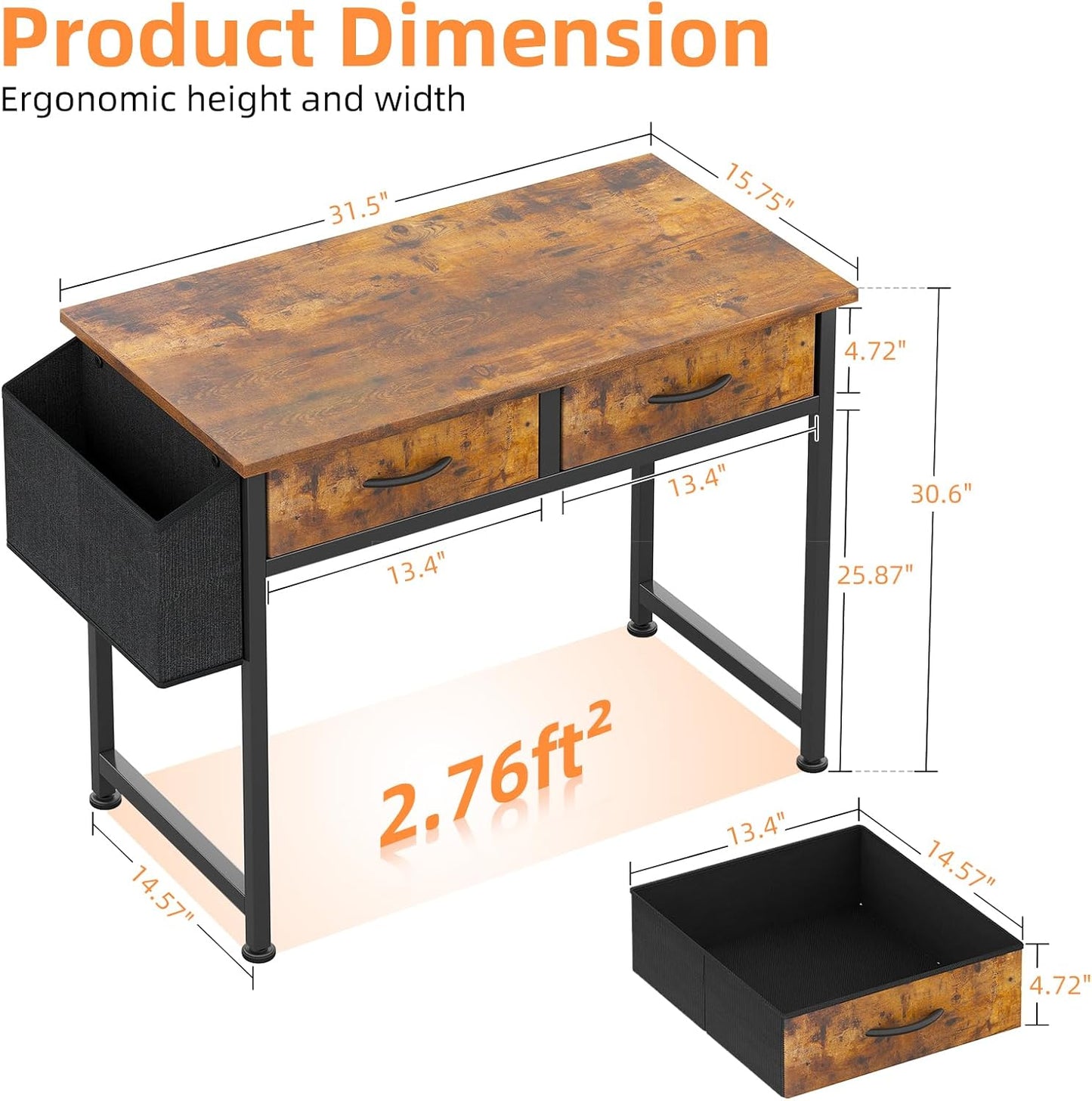 Small Desk with Fabric Drawers- for Bedroom, Vanity Desk with Storage, Home Office Computer Desk for Small Spaces, 32 Inch Modern Work Writing Study Table, Vintage