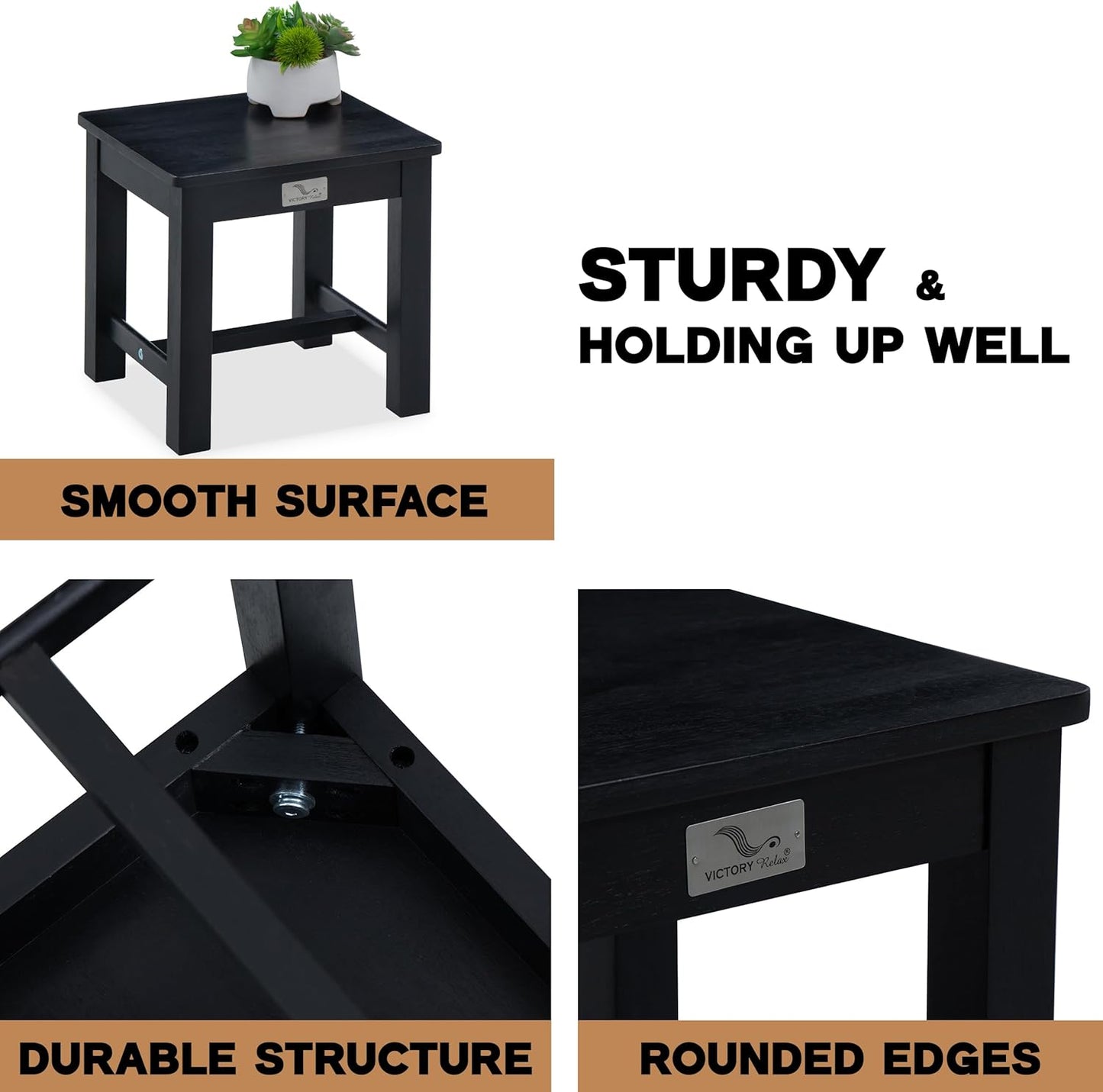 12 Inch Wooden Black Step Stool, Small Nature Beach Chair Under Desk, Indoor Acacia Wood Short Footstool for Living Room, Kitchen, Bathroom