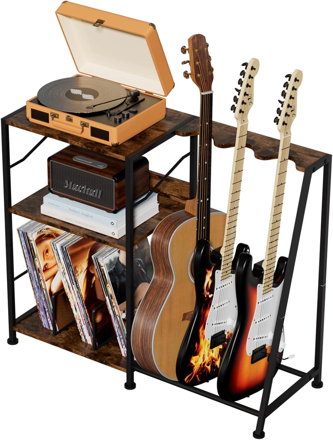 Hosfais 3 Tier Record Player Stand, Guitar Stand for Acoustic, Electric Guitar, Bass Stand, Vinyl Record Storage Up to 200 Albums for Living Room Bedroom, Rustic Brown