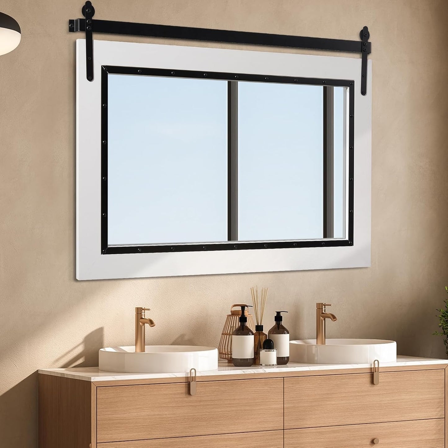 YOSHOOT Farmhouse Barn Door Mirror, 48"x30" Rustic Bathroom Mirror, Wood Frame Wall Mirror, Wooden Mirror for Living Room Bedroom Entryway Wall Décor, Horizontal Hanging ONLY