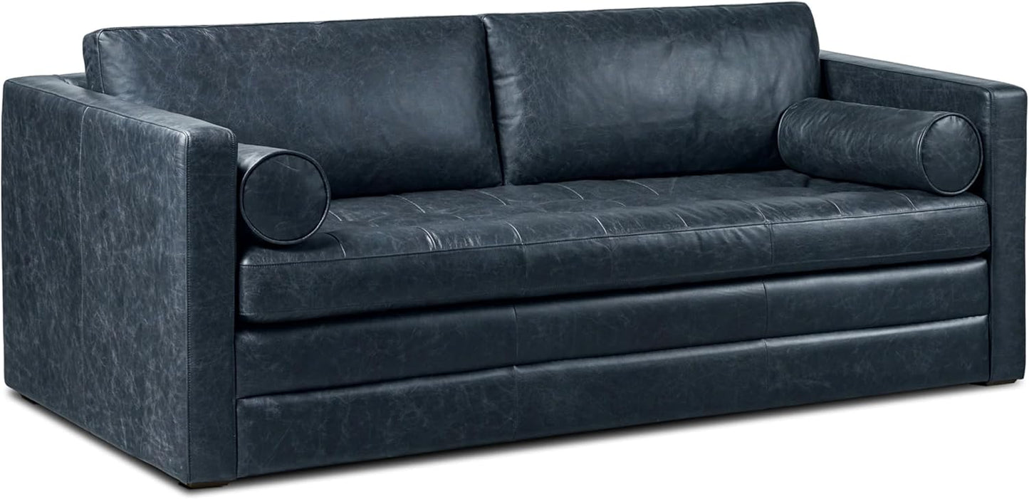POLY & BARK Napa 82" Leather Pull-Out Convertible Sleeper Sofa in Midnight Blue