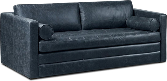 POLY & BARK Napa 82" Leather Pull-Out Convertible Sleeper Sofa in Midnight Blue