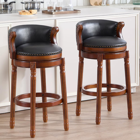 Cow top Leather Wooden Bar Stools, 29.5" Bar Height Bar Chair with Back, 180 Degrees Swivel Barstools Chair for Home Kitchen Counter,Dining Room (Black-2pcs, Bar Height-Seat Height 29.5”)