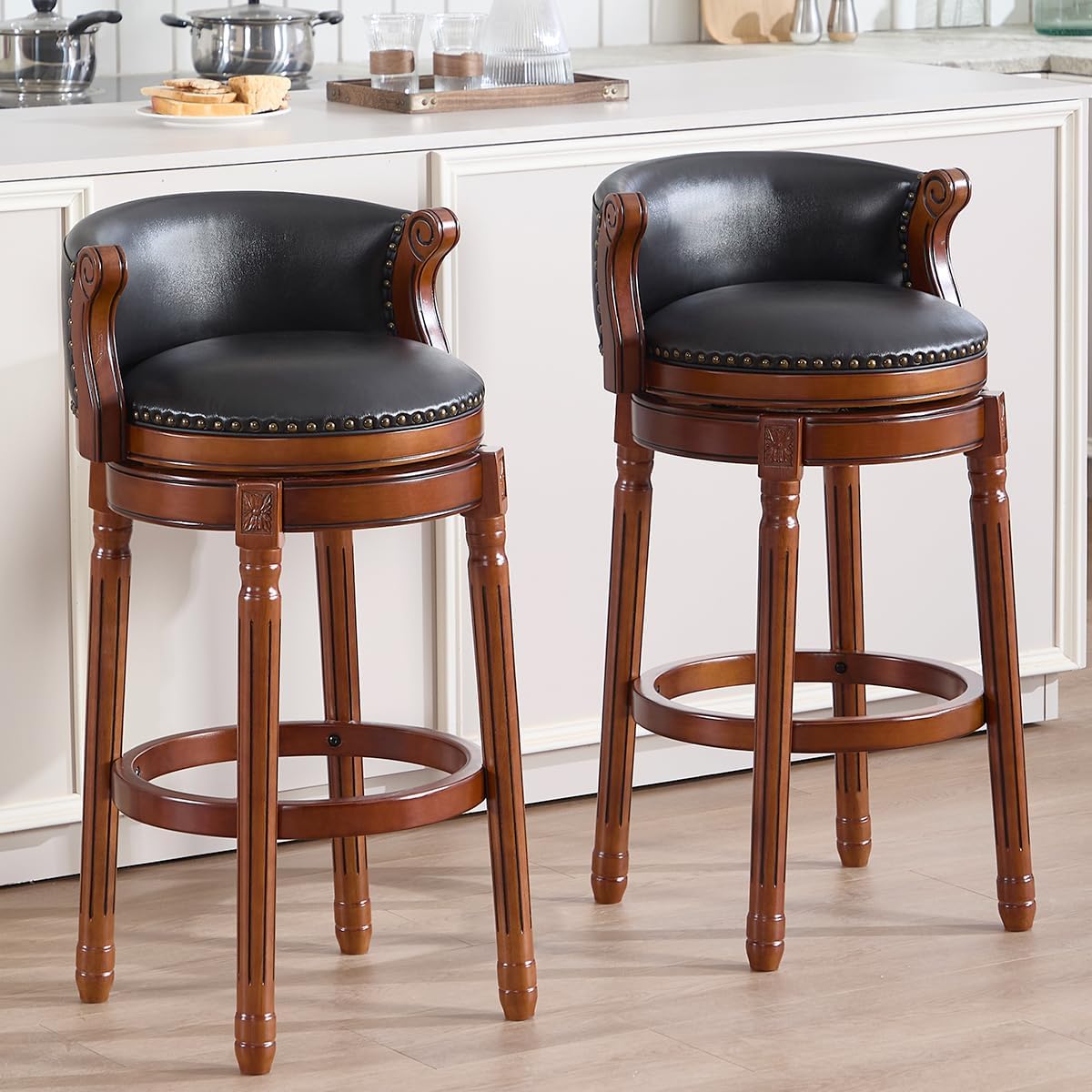 Cow top Leather Wooden Bar Stools, 29.5" Bar Height Bar Chair with Back, 180 Degrees Swivel Barstools Chair for Home Kitchen Counter,Dining Room (Black-1pc, Bar Height-Seat Height 29.5”)