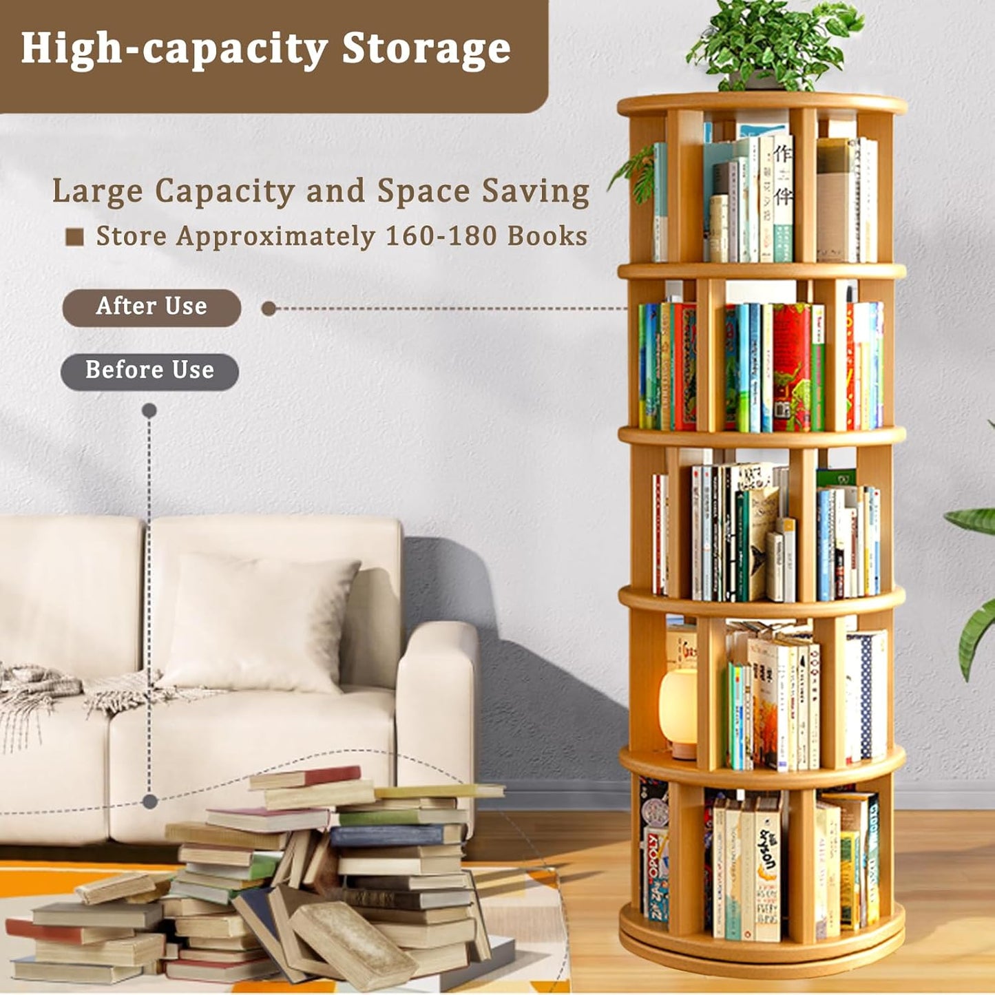 Wood Rotating Bookshelf on Wheels, 360-Degree Space Saving Bookcase, Large Capacity Spinning Bookshelf Tower for Living Room,Bedroom and Corners (Nature-5 Layers)