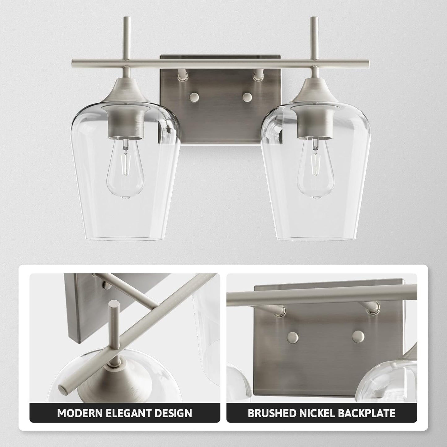 VONLUCE Bathroom Vanity Light, 2 Light Bathroom Light Fixture Over Mirror, Bathroom Wall Lamp with Clear Glass, Modern Brushed Nickel Vanity Lighting fixtures for Bathroom, Bedroom, Hallway