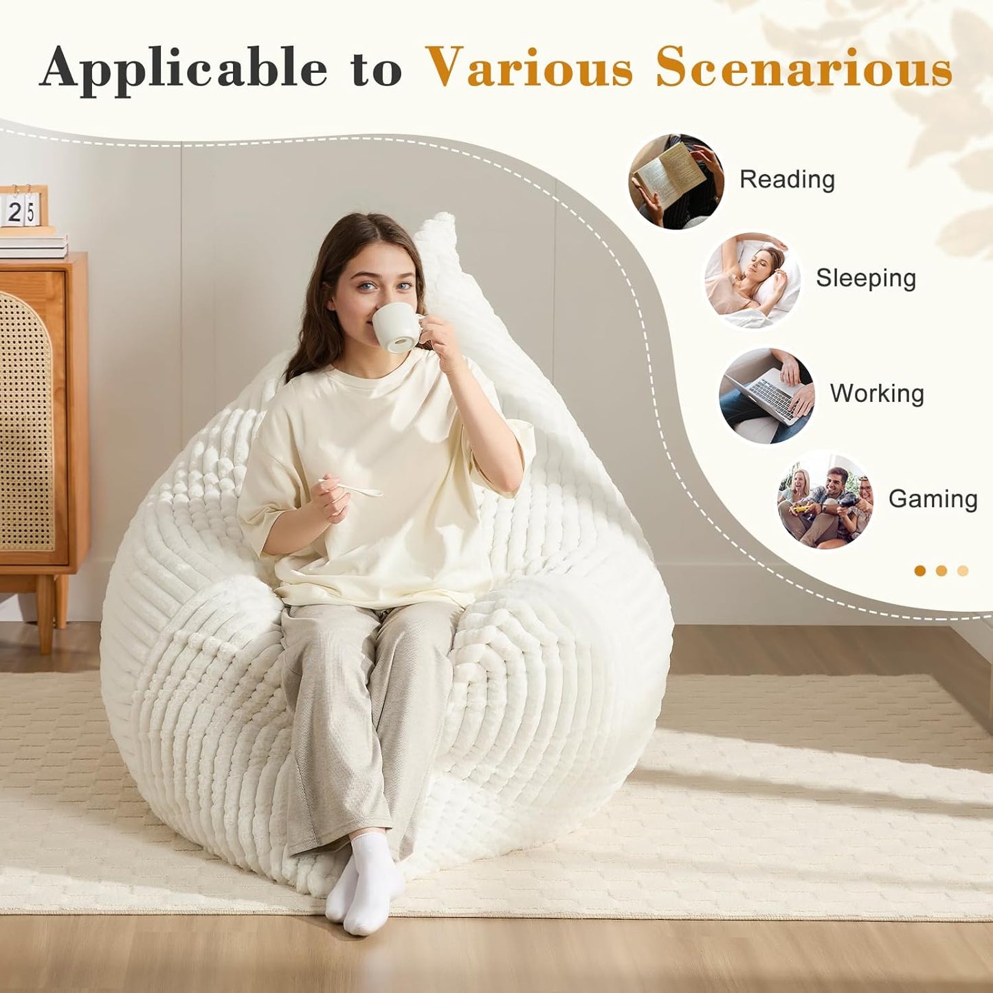 3-in-1 Giant Bean Bag Chair for Adults & Kid, Convertible Floor Sofa to Mattress, High-Density Foam Chair Bed with Washable Cover, Multi Functional Lounge Couch for Bedroom, Living Room (Beige)