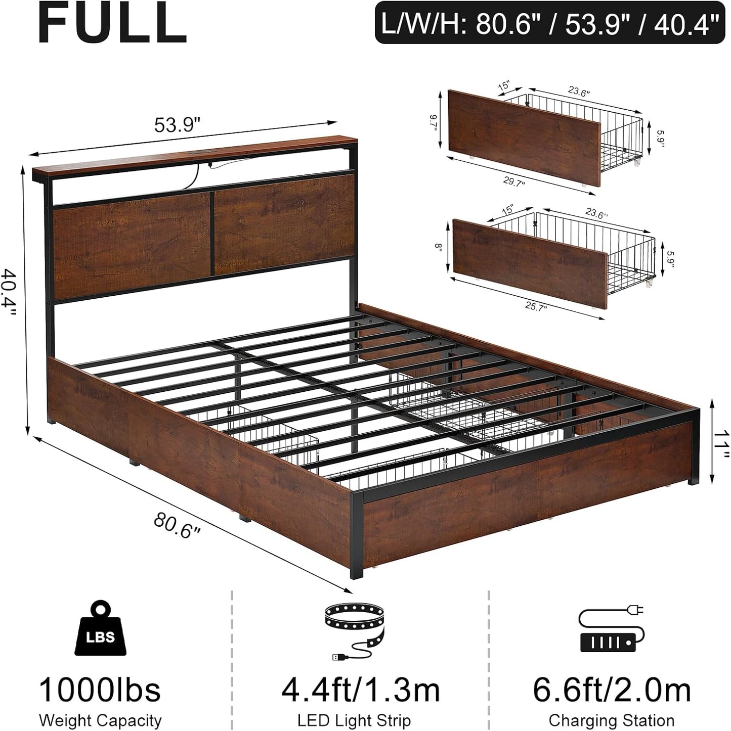 Full Bed Frame with Storage Headboard and 4 Drawers Bed Frame Full Size with Charging Station LED Lights Metal Platform Non-Slip Without Noise No Box Spring Needed