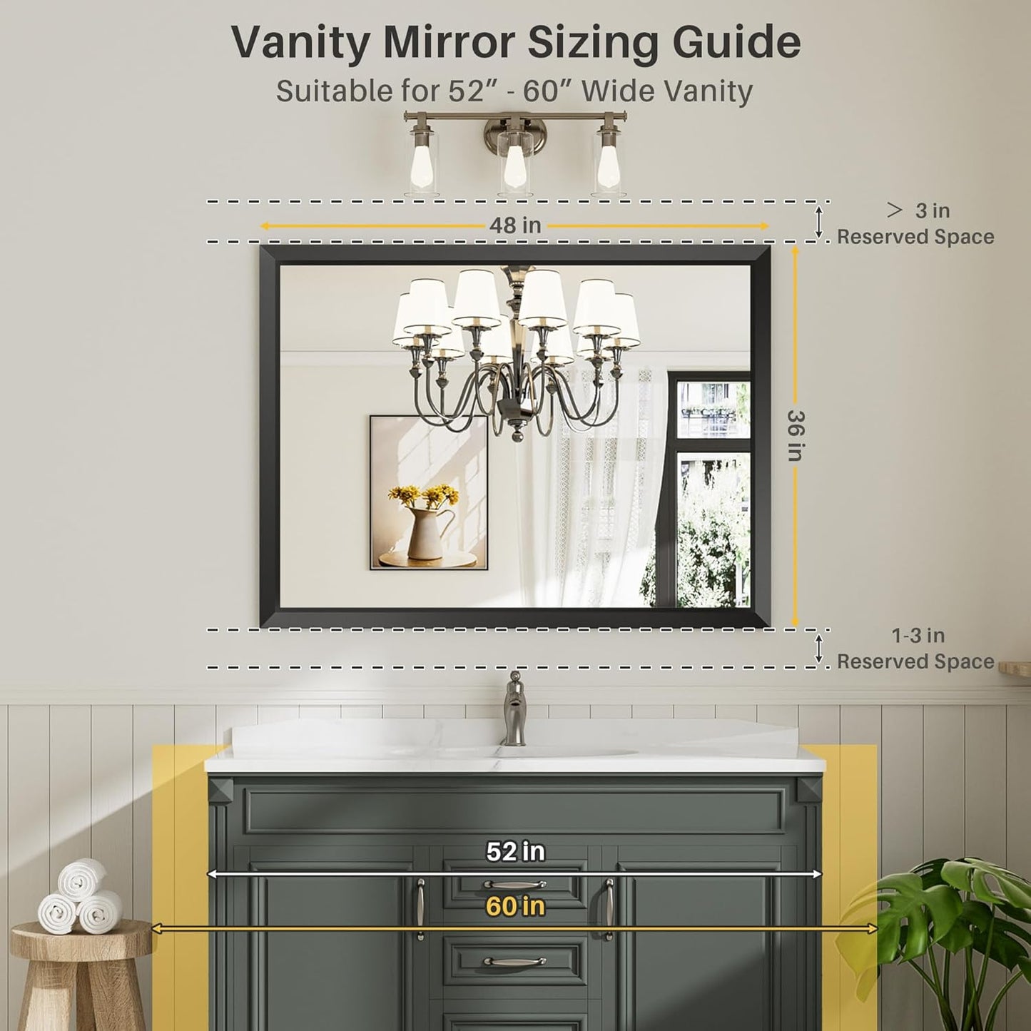 48x36 Inch Black Bathroom Mirror for Wall, Thick Metal Framed Rectangle Mirrors for Over Sink, Bedroom, Living Room, Entryway, Anti-Rust, HD Tempered Glass