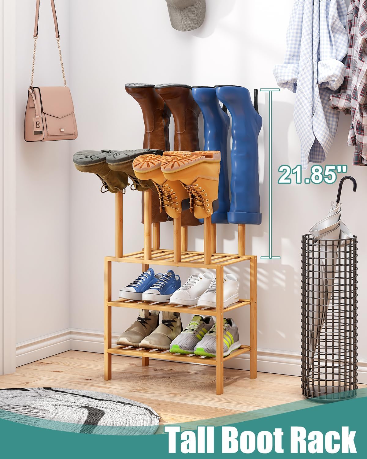 Small Boot Rack with Shoe Rack, Boot Rack Organizer Tall Boots for Closet, Bamboo Wood Shoe Shelf Storage Organizer for Entryway Small Space